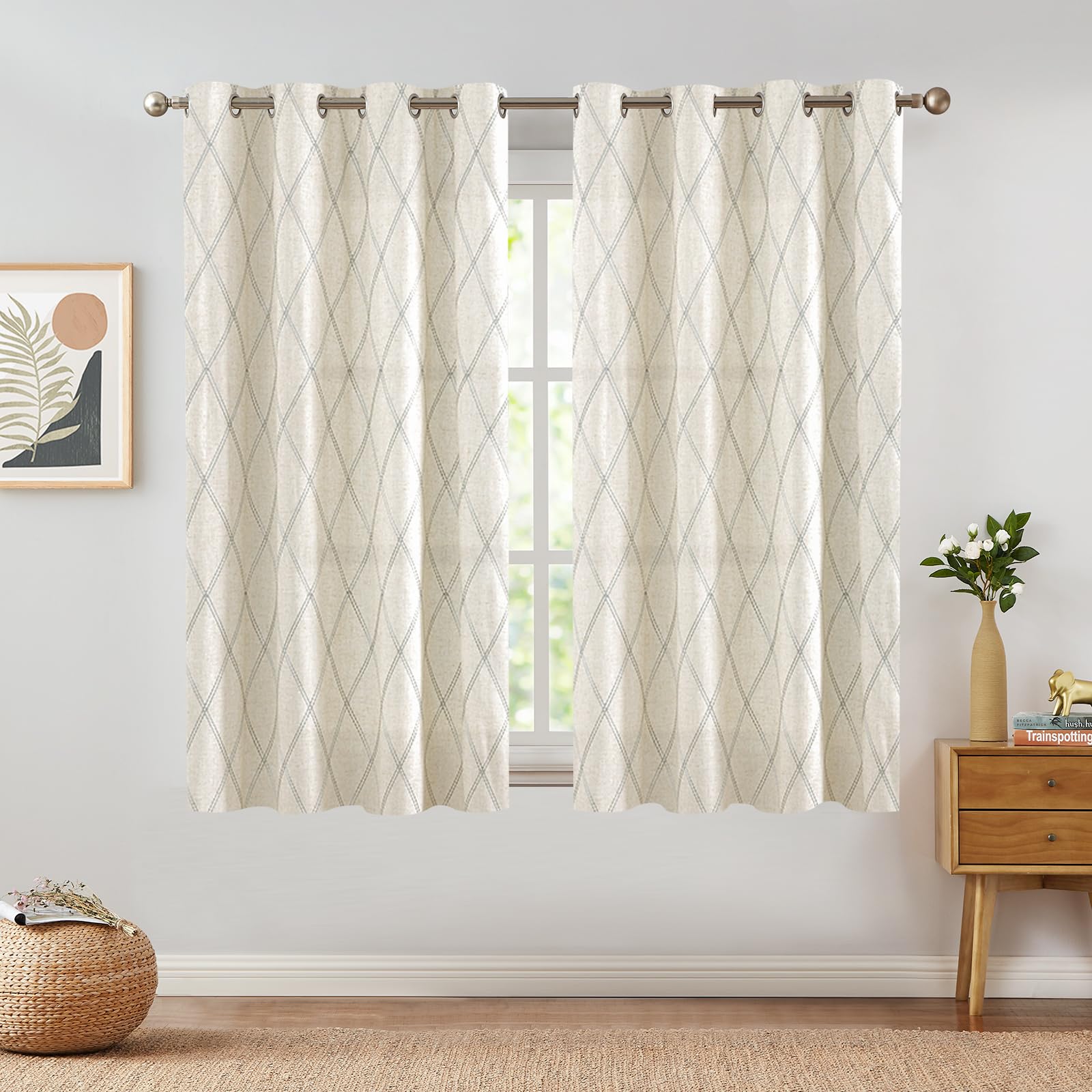 Premium Linen Curtains for Living Room & Bedroom - Grey Diamond Embroidered Geometric Window Drapes with Grommet Top (63 Inch Length, 2 Panels) - Elegant Flax Window Treatment for Home Decor & Light Filtering