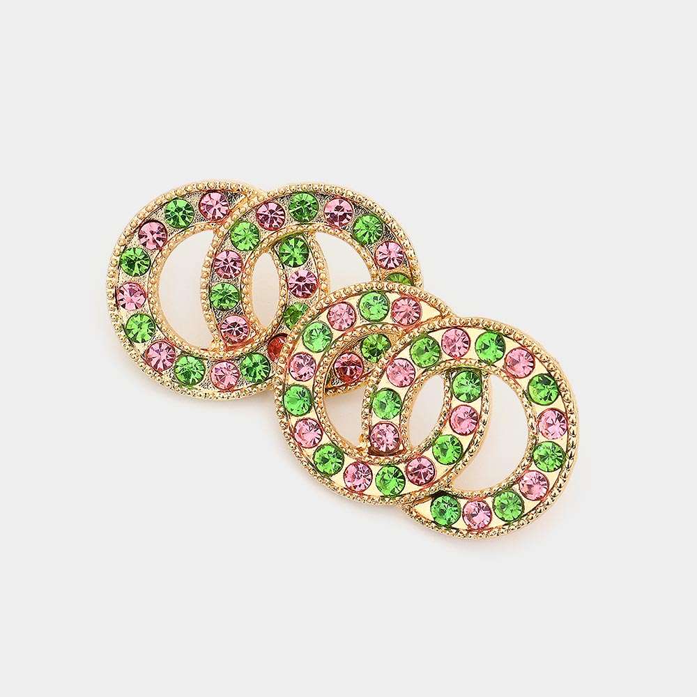 Elegant Gold Pink & Green Crystal Double Open Circle Link Drop Earrings for Women - Perfect for Evening Parties, Weddings & Special Occasions
