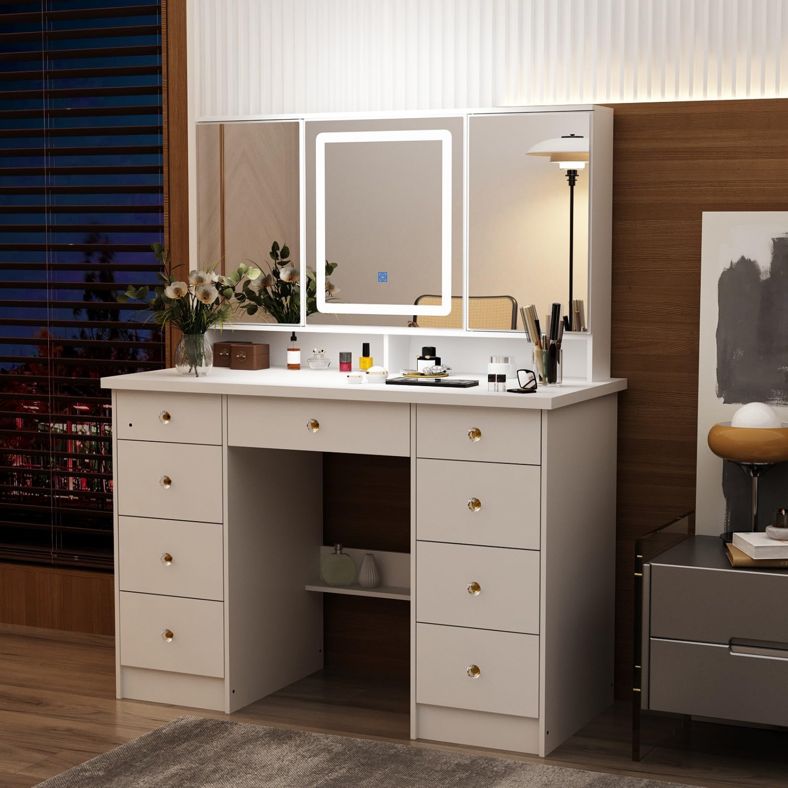 MOUMON White Makeup Vanity Desk with LED Lights & Crystal Handles - 43.3