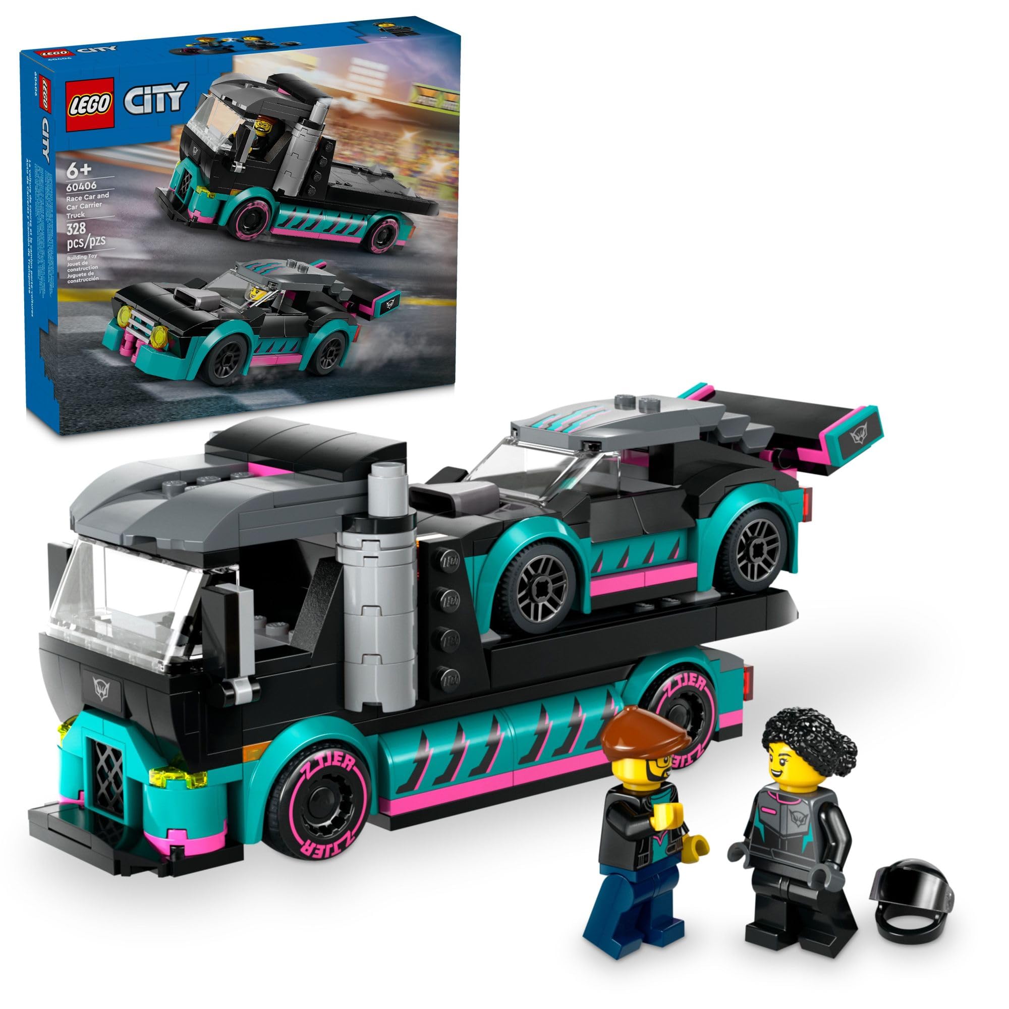 LEGO City Race Car and Car Carrier Truck Toy Set with Adjustable Ramp, Race Car & Minifigures - Fun Building Kit for Kids Ages 6+ (60406) | Creative Play, Birthday Gift & STEM Learning Toy