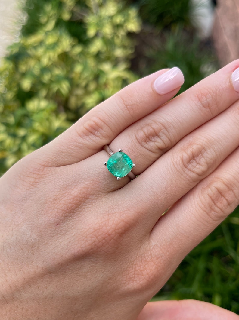 4.0ct Natural Emerald Engagement Ring 14K White Gold Cushion Cut Solitaire Ring for Women - Perfect for Proposals, Anniversaries & Special Occasions