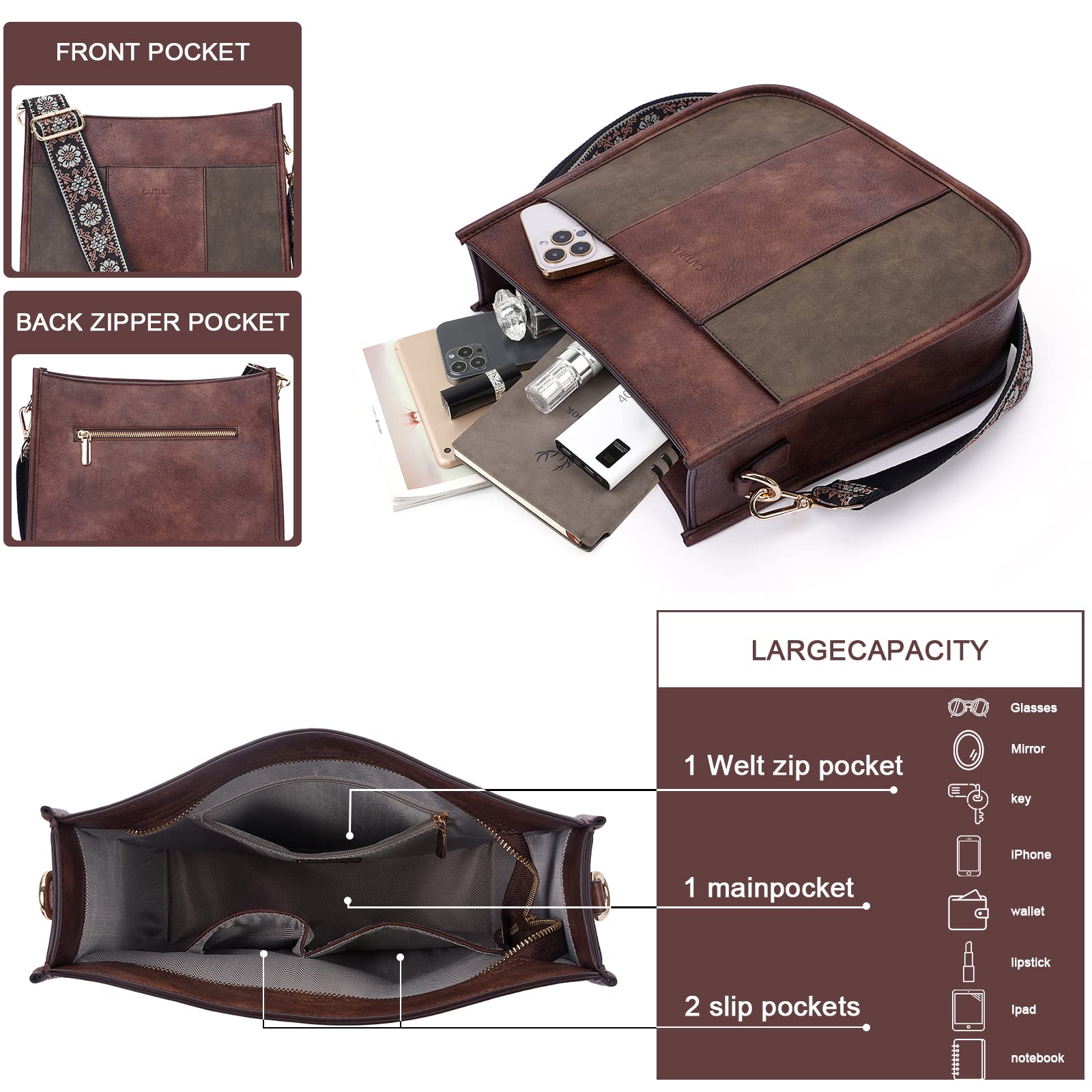 Vegan Leather Crossbody Bag for Women - Adjustable Strap Hobo Shoulder Purse, Stylish & Trendy Handbag for Everyday Use, Work, Travel & Shopping