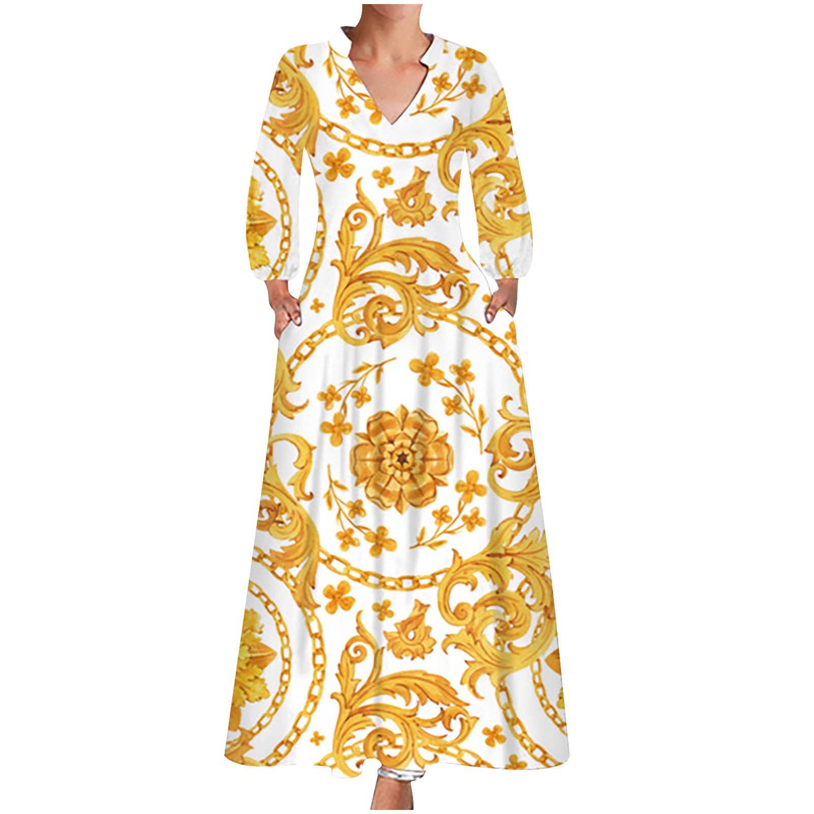 Women's Floral Print V-Neck Long Sleeve Maxi T-Shirt Dress with Pocket - Trendy Comfortable Casual Summer Dress for Beach, Party & Everyday Wear