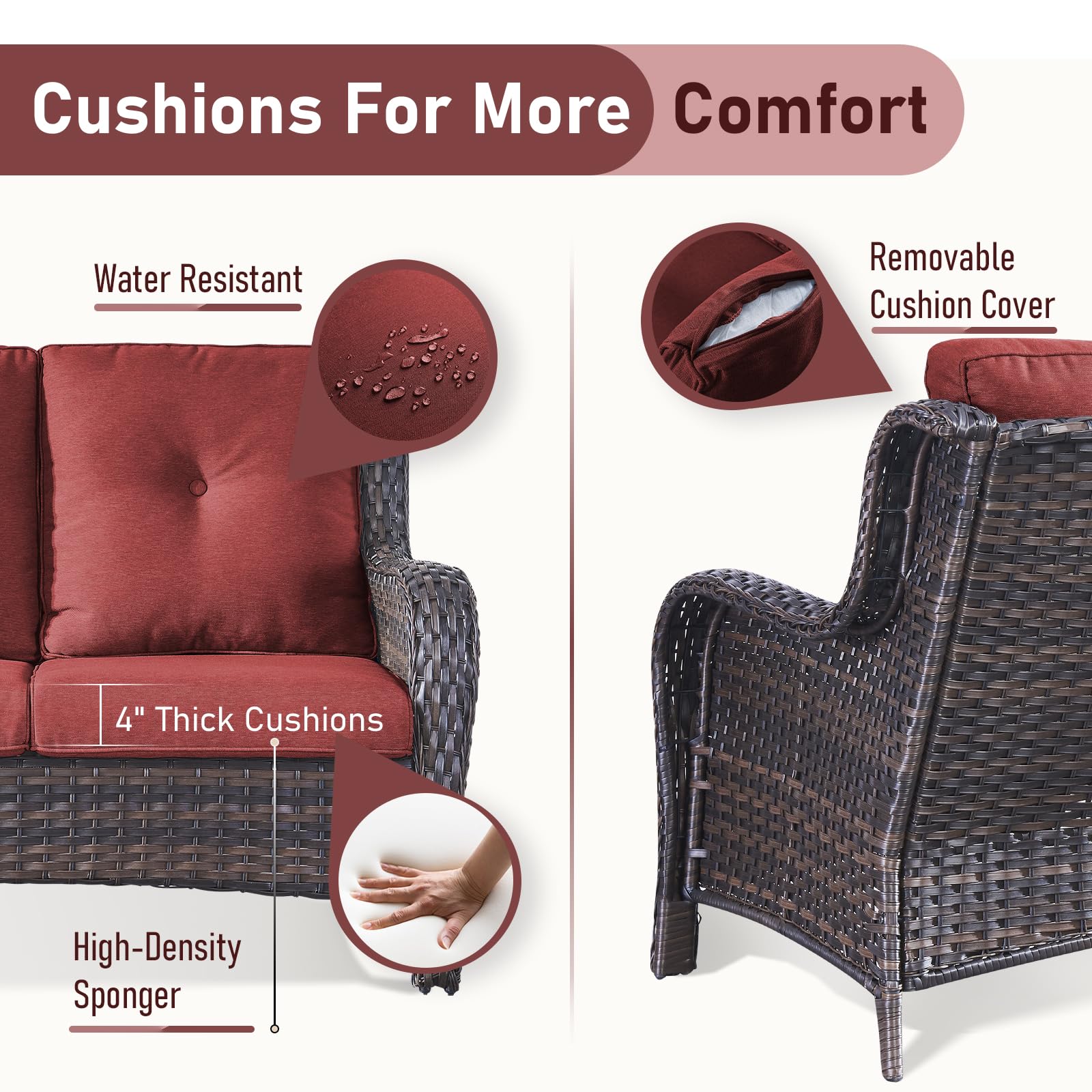 Outdoor Loveseat Sofa - 2 Seater Rattan Wicker Patio Couch with High Back, Weather-Resistant Brown/Red, Perfect for Porch, Deck, Backyard & Garden Relaxation