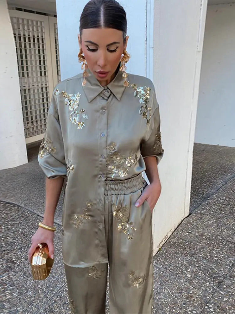 Women's 2-Piece Sequin Shirt & Wide Leg Pants Set - Fashion Print Loose Lapel Long Sleeve Top Elegant Outfit for Party, Dinner & Special Occasions