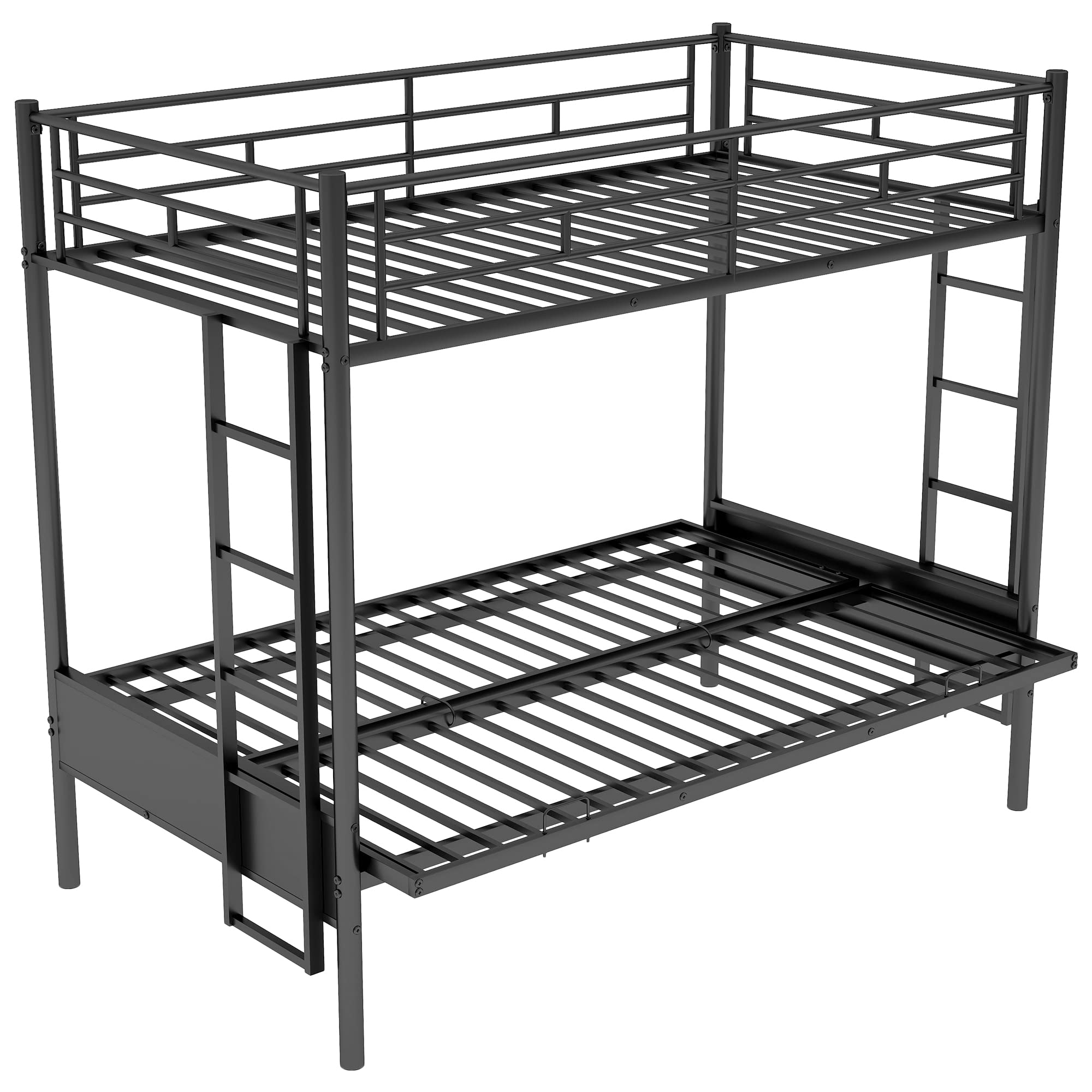 Twin Over Futon Metal Bunk Bed with Convertible Bottom - Twin Over Full Bunk Bed for Kids, Teens & Adults - Space-Saving Dorm Furniture in Black | Perfect for Small Bedrooms, Guest Rooms & College Dorms