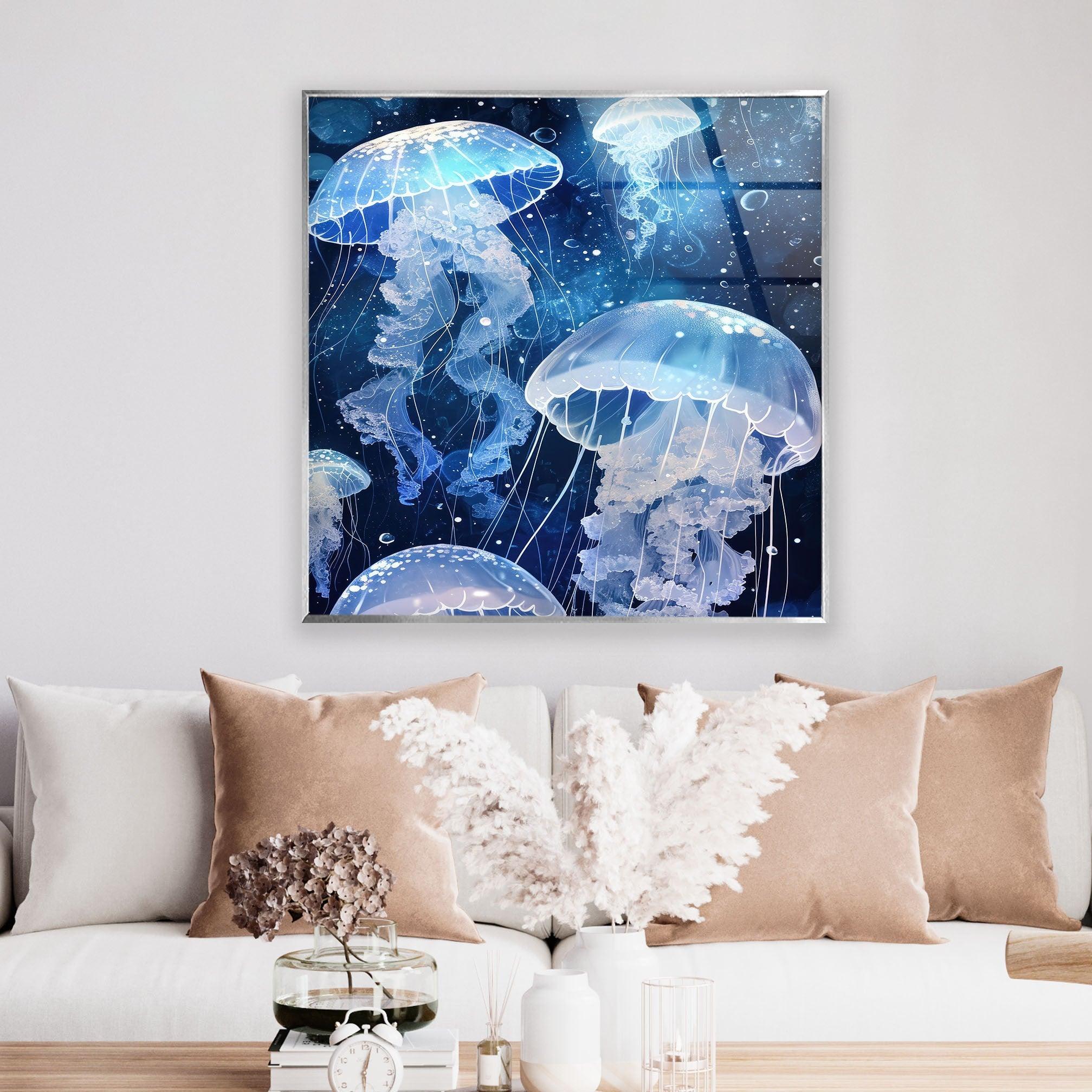 Arctic Jellyfish Glass Wall Art - Handmade Ocean-Themed Home Decor for Living Room, Bedroom & Office - Unique Sea Creature Wall Hanging for Coastal & Modern Interior Design
