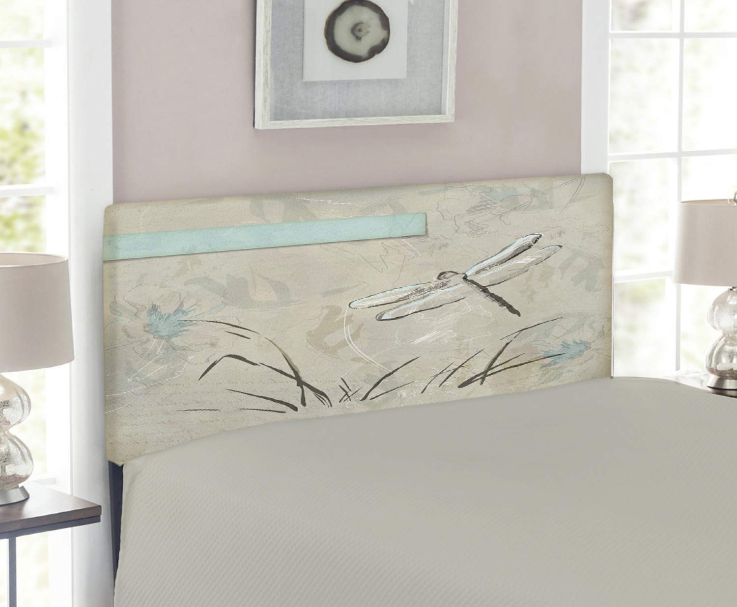 Ambesonne Dragonfly Headboard - Vintage Pastel Grass Sketch Upholstered Metal Bed Frame with Memory Foam, Twin Size in Seafoam & Tan | Romantic Botanical Artwork for Bedroom Decor, Perfect for Guest Rooms & Cozy Master Suites