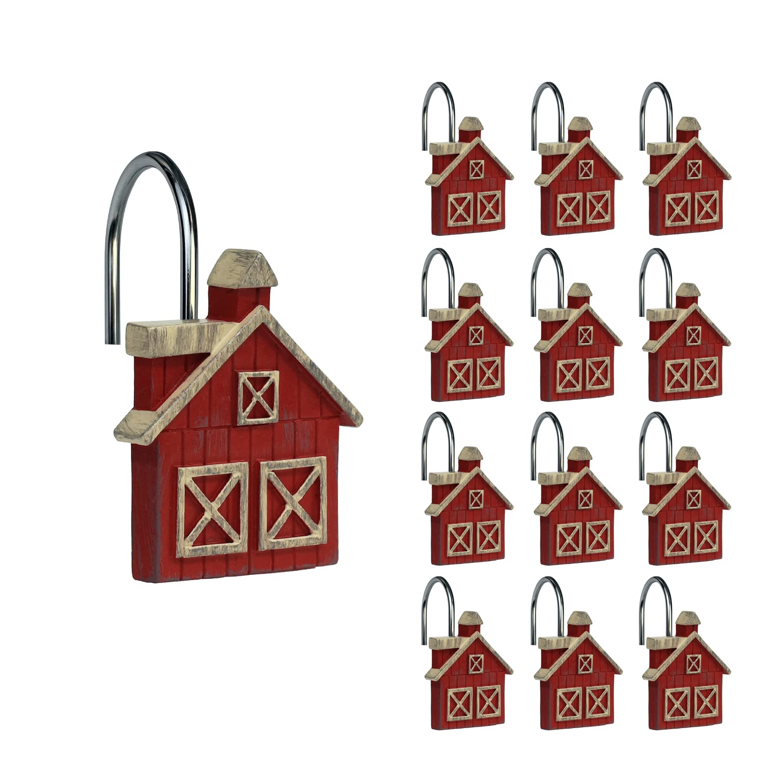 Rustic Red Farmhouse Christmas Shower Curtain Hooks - 12 Pack Resin & Wooden Plank Bathroom Decor for Country Style Holiday Home Decor - Perfect for Farmhouse, Cottage & Vintage Themed Bathrooms