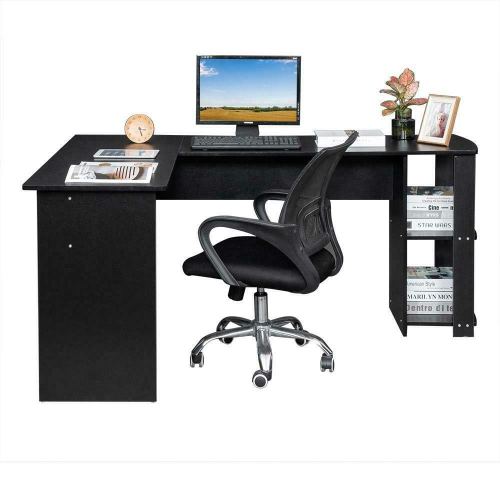 FCH Wooden L-Shaped Computer Desk with Bookshelves - Home Office Workstation, Study Desk for Laptop & PC - Space Saving Black Corner Desk for Small Office & Gaming Setup