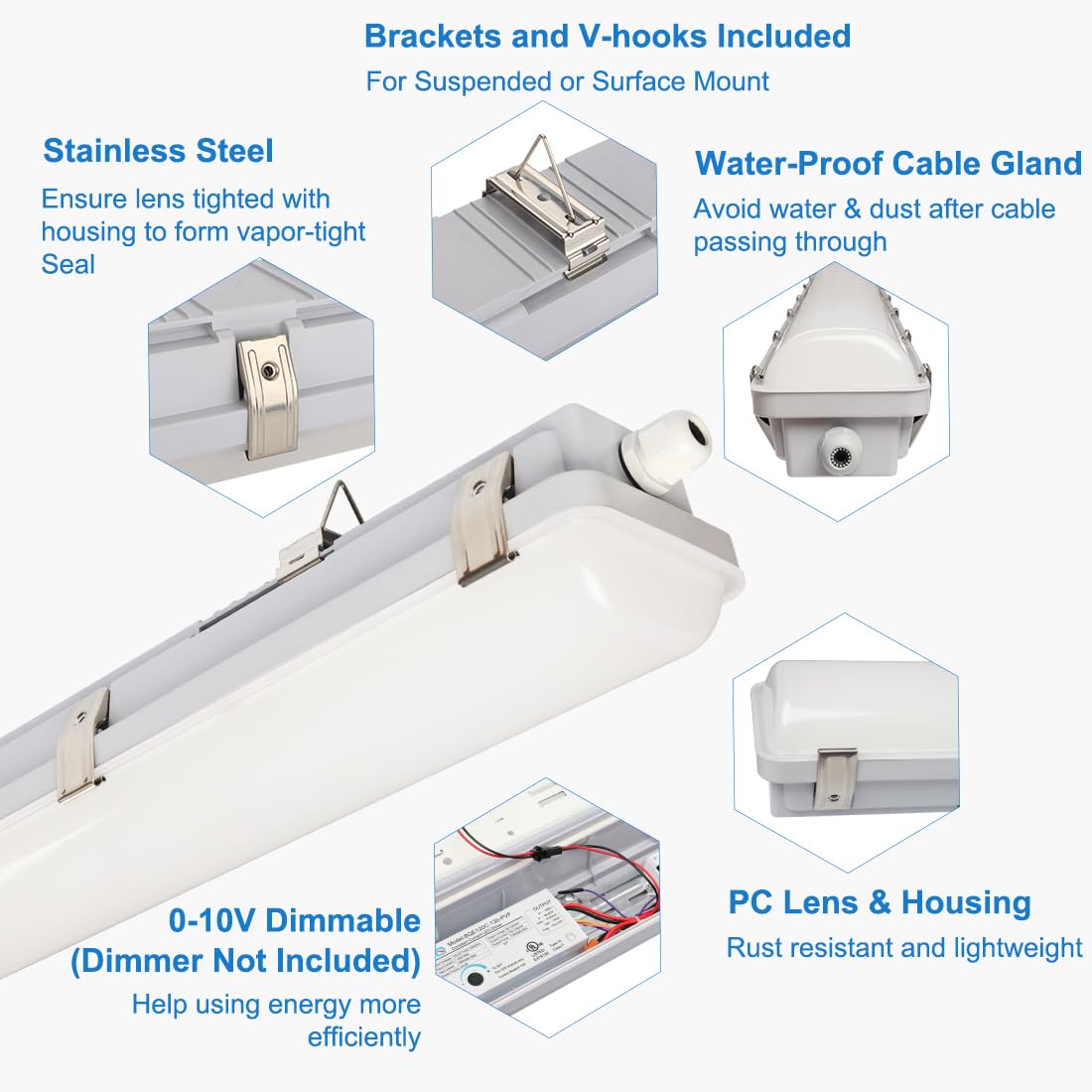 DAKASON 8FT LED Vapor Tight Light 120W/100W/80W Tunable, 15600lm IP66 Waterproof LED Vapor Proof Fixture (100-277V) - 2 Pack - Perfect for Outdoor, Parking Garage, Car Wash, Warehouse, and Industrial Lighting
