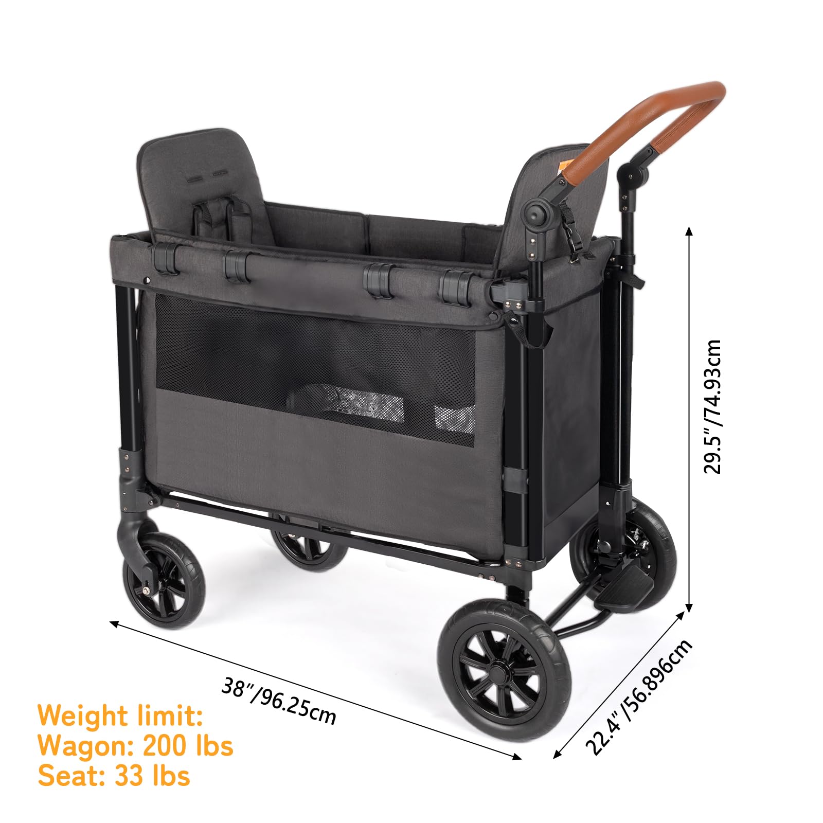 Double Stroller Wagon for Kids - Foldable Baby Wagon with Adjustable Handle, Canopy, Storage Organizer & 5-Point Safety Harness (Dark Gray) - Perfect for Beach Outings, Park Walks & Family Travel