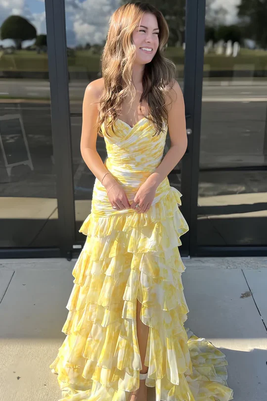 Elegant A-Line Yellow Printed Long Prom Dress with Tiered Skirt & High Slit - Formal Evening Gown for Homecoming, Wedding Guest, Cocktail Party (Style J5129)