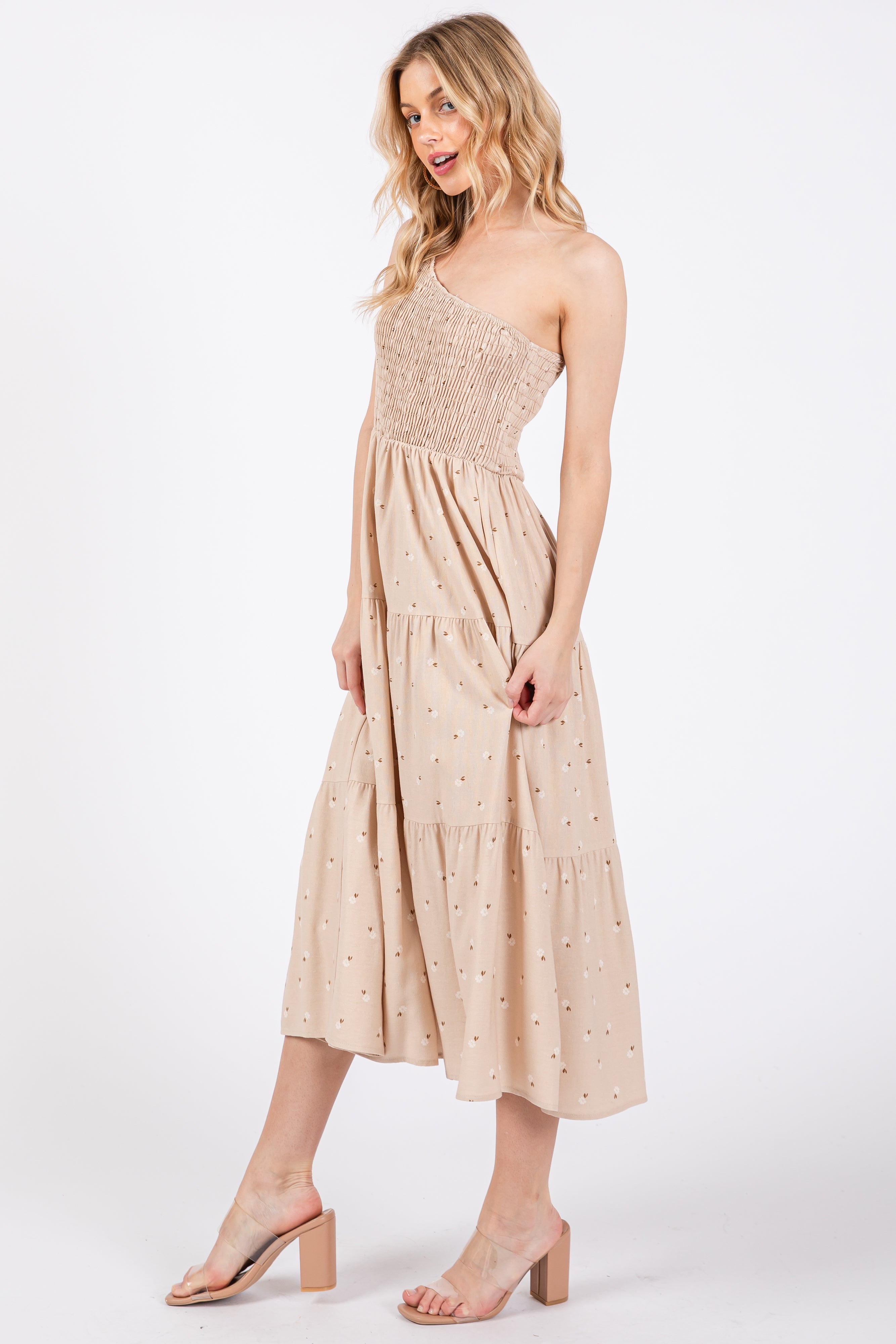 Beige Floral Linen Smocked One Shoulder Tiered Midi Dress for Women - Summer Beach Wedding Guest Dress, Boho Chic Party Outfit