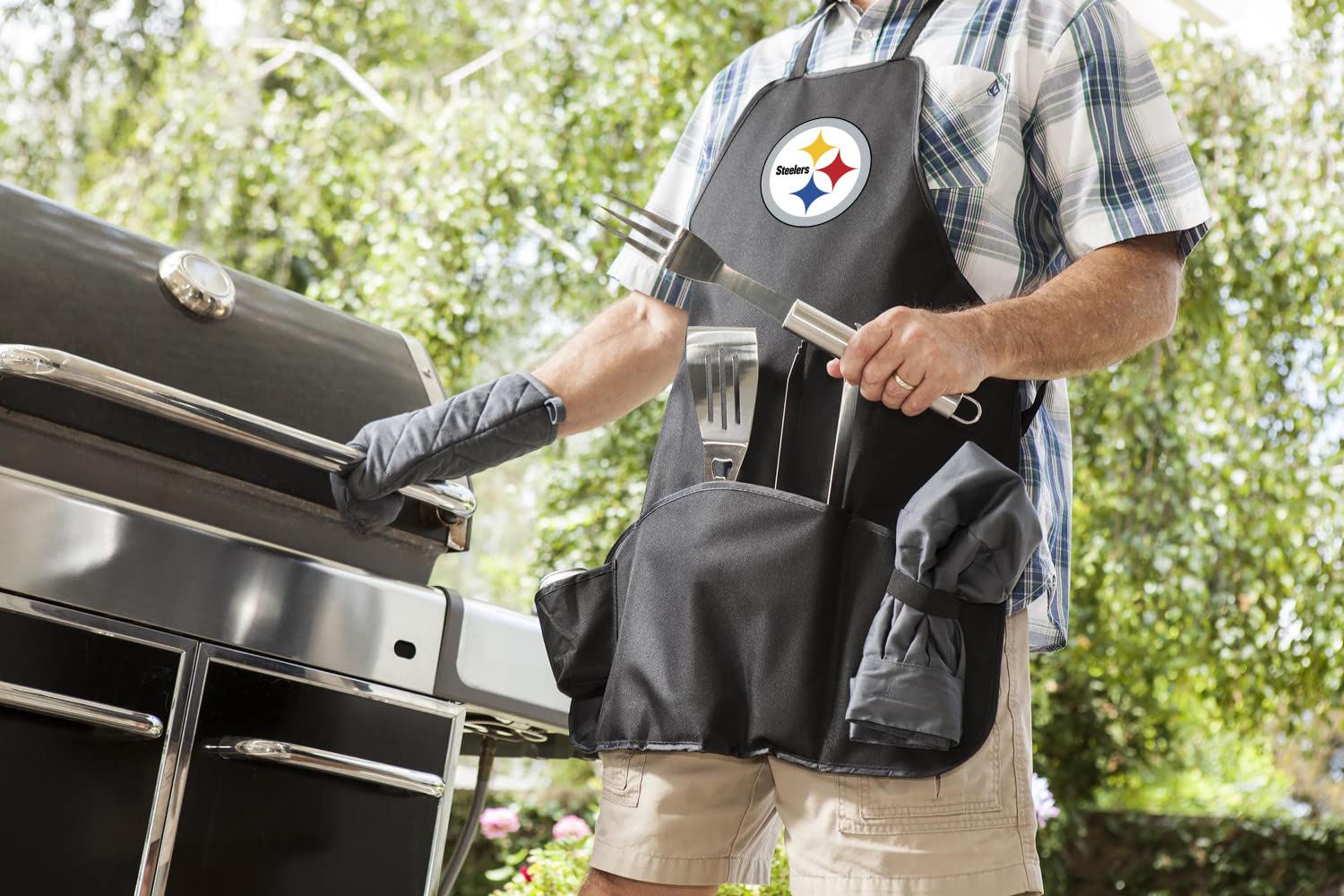 Picnic TIME BBQ Apron Tote Pro Grill Set - Black with Gray Accents | Premium Outdoor Cooking Accessories for Grilling, Camping & Backyard Parties