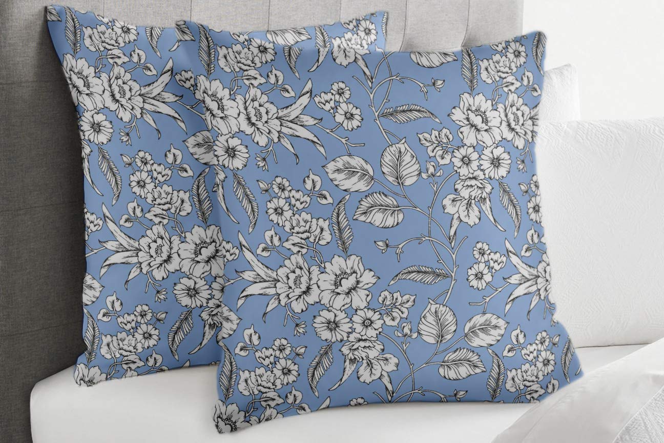 Blue Velvet Decorative Throw Pillow Covers 20x20 Inch - 2 Pack Coreopsis Floral Design for Sofa, Bed, Couch | Home Decor, Living Room Accent