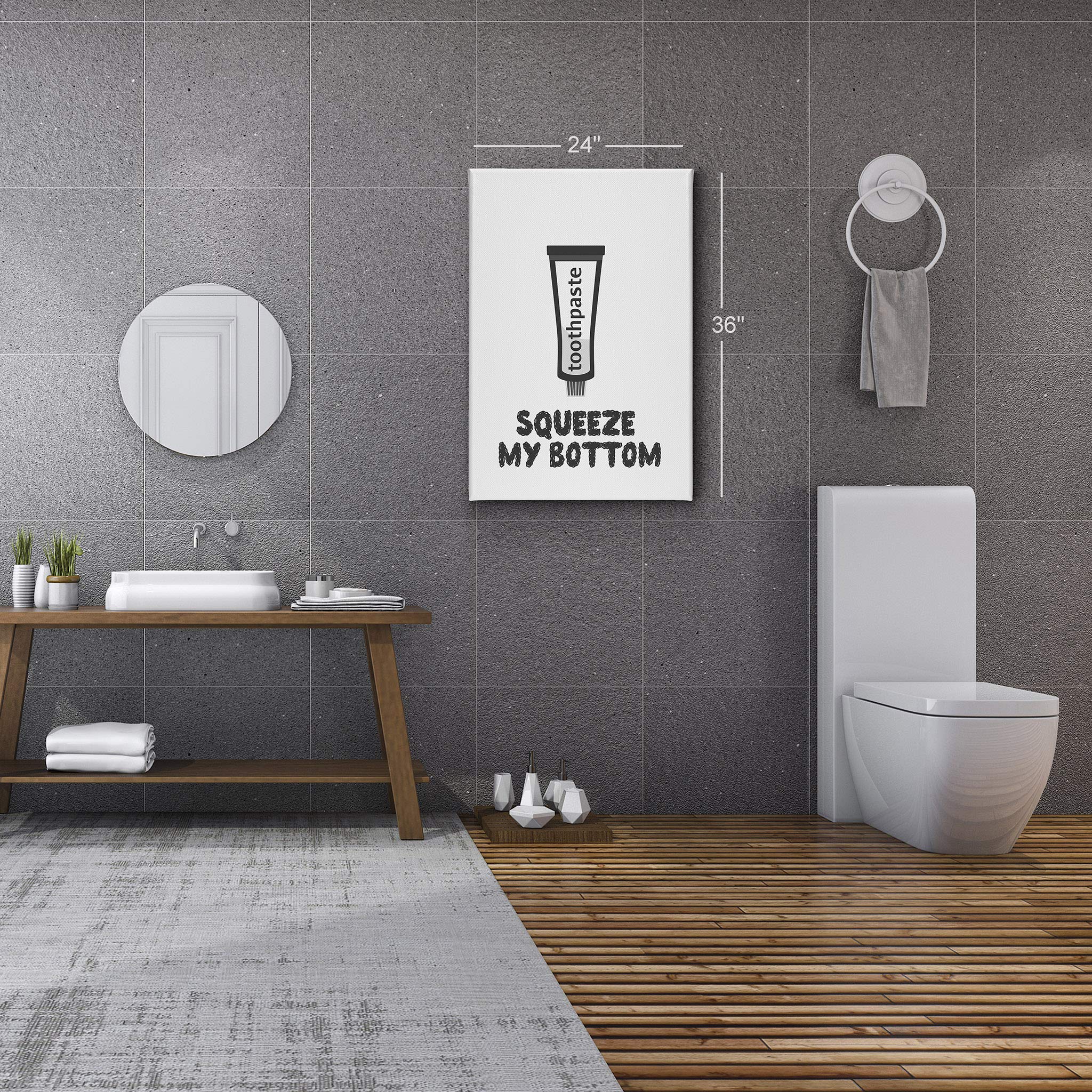 Funny Bathroom Wall Art - Smile Art Design 'Squeeze My Bottom' Quote Canvas Print | Toothpaste Humor Sign | Ready to Hang Toilet Decor (36x24) | Perfect for Powder Rooms, Guest Baths & Home Decoration | Made in USA