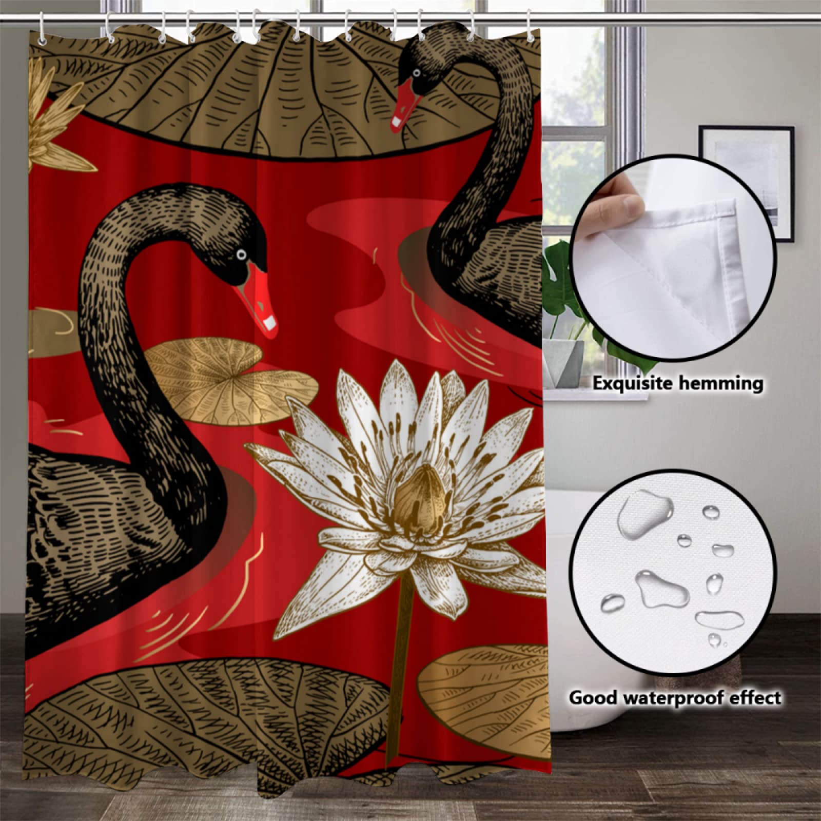 TropicalLife Swan in Pond Waterproof Shower Curtain - Premium Polyester Fabric Bathroom Decor with 12 Hooks, Extra Long 60x79 Inches - Perfect for Bathroom, Spa, and Coastal Themed Home Decor