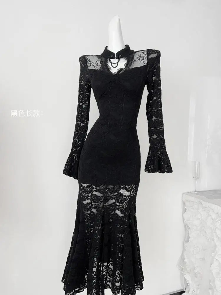 Elegant Black Lace Hollow Out Fishtail Prom Dress - Vintage Chinese Style Long Sleeve Evening Gown for Women | Perfect for Formal Parties, Weddings, and Special Occasions