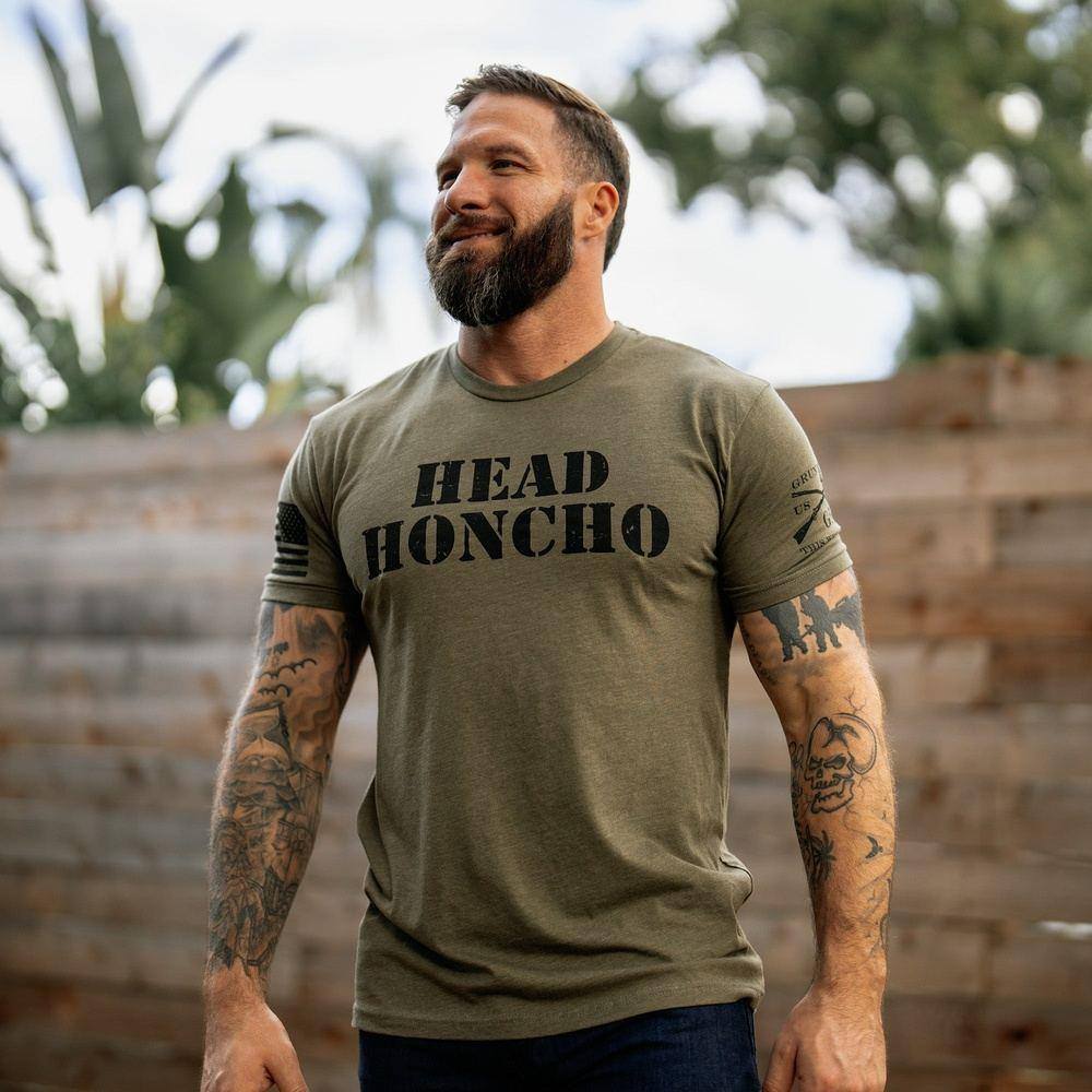 Head Honcho T-Shirt for Men - Military Green Cotton Tee - Casual Wear, Workout & Everyday Outfits