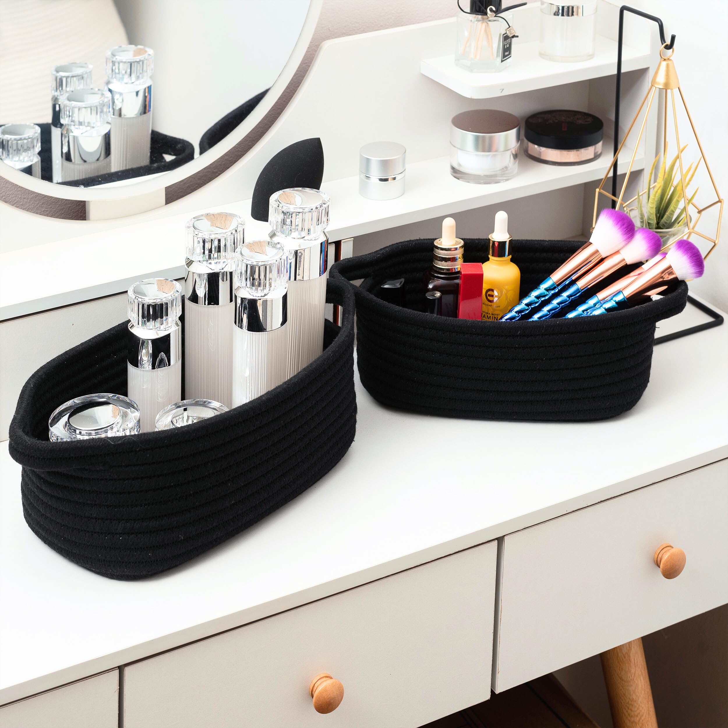MINTWOOD 5-Piece Woven Storage Baskets Set - Small Rope Organizer Bins for Shelves, Pantry, Bathroom & Nightstand - Pet Toy Basket Box - Perfect for Home Organization (Black) - Ideal for Bedroom Closet, Kids Room & Office Desk Storage