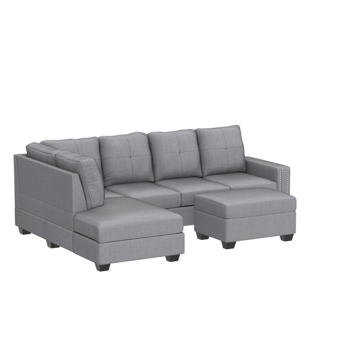 P PURLOVE L-Shaped Sectional Sofa with Reversible Chaise Lounge, Storage Ottoman & Cup Holders - Modern Living Room Furniture Set with Nail Head Trim in Light Gray | Perfect for Small Spaces, Apartments & Cozy Home Decor