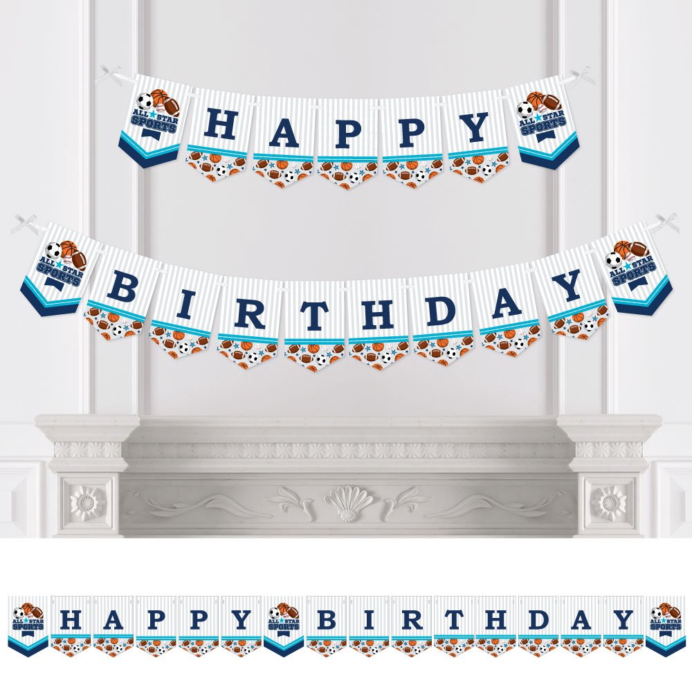 Big Dot of Happiness Go, Fight, Win Sports Birthday Party Bunting Banner - Cheerleading Team Decorations for Football, Basketball, Baseball Games & Birthday Celebrations - Happy Birthday Party Supplies