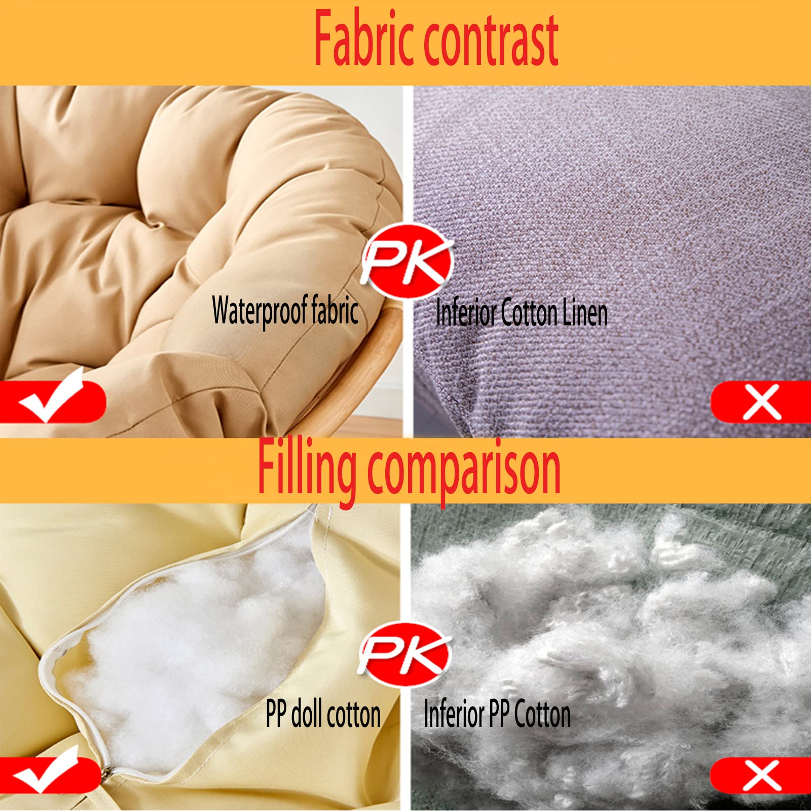 Premium Solid Papasan Patio Chair Cushion - Thick Overstuffed Outdoor Egg Seat Cushion for Hammock Swings - 65 Inch (165cm) Gray - Perfect for Indoor & Outdoor Relaxation in Gardens, Porches, and Balconies