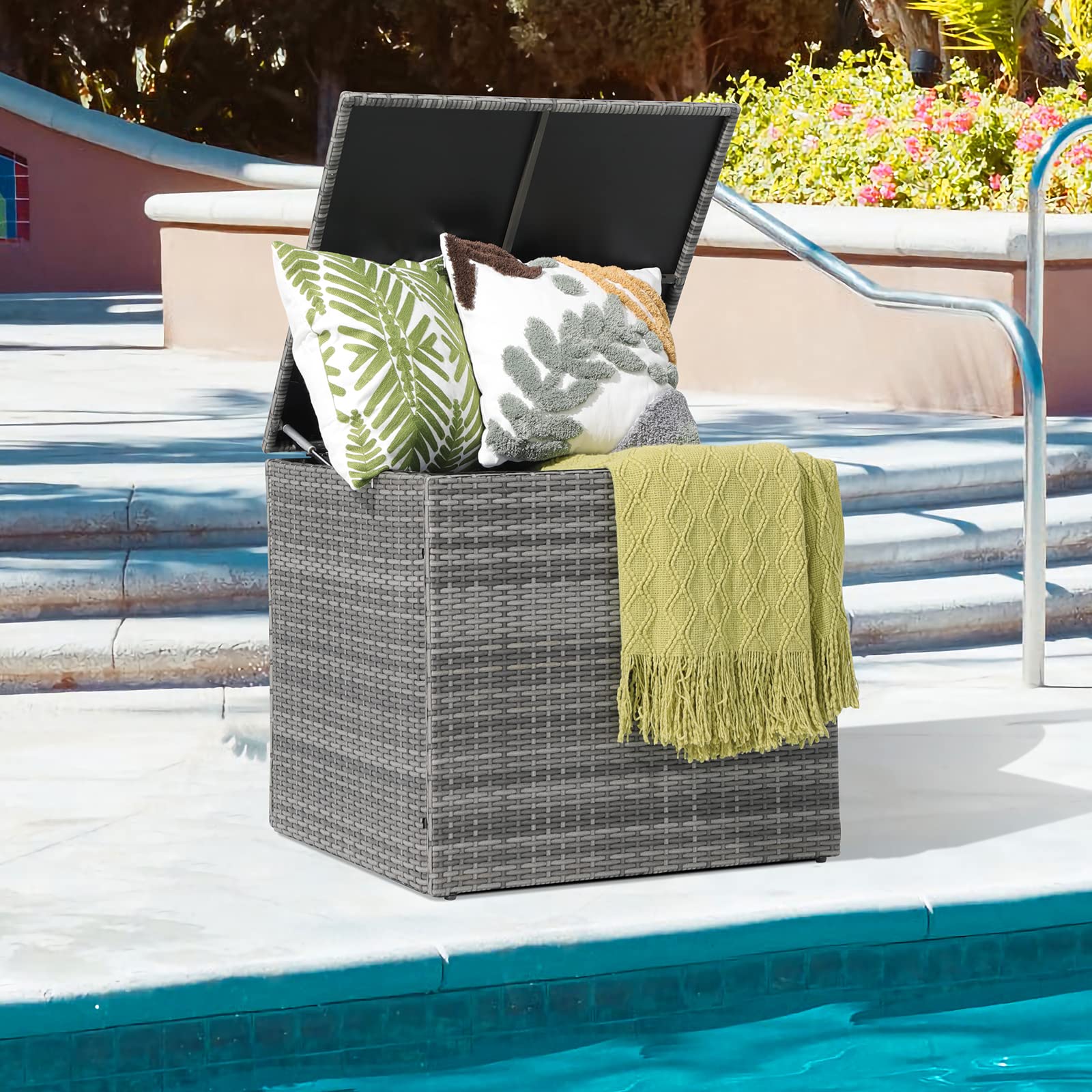 88 Gallon Resin Wicker Deck Box - Outdoor Storage for Patio Cushions, Gardening Tools & Pool Accessories - Waterproof Rattan Storage Bin for Backyard, Patio & Garden Organization (Grey)