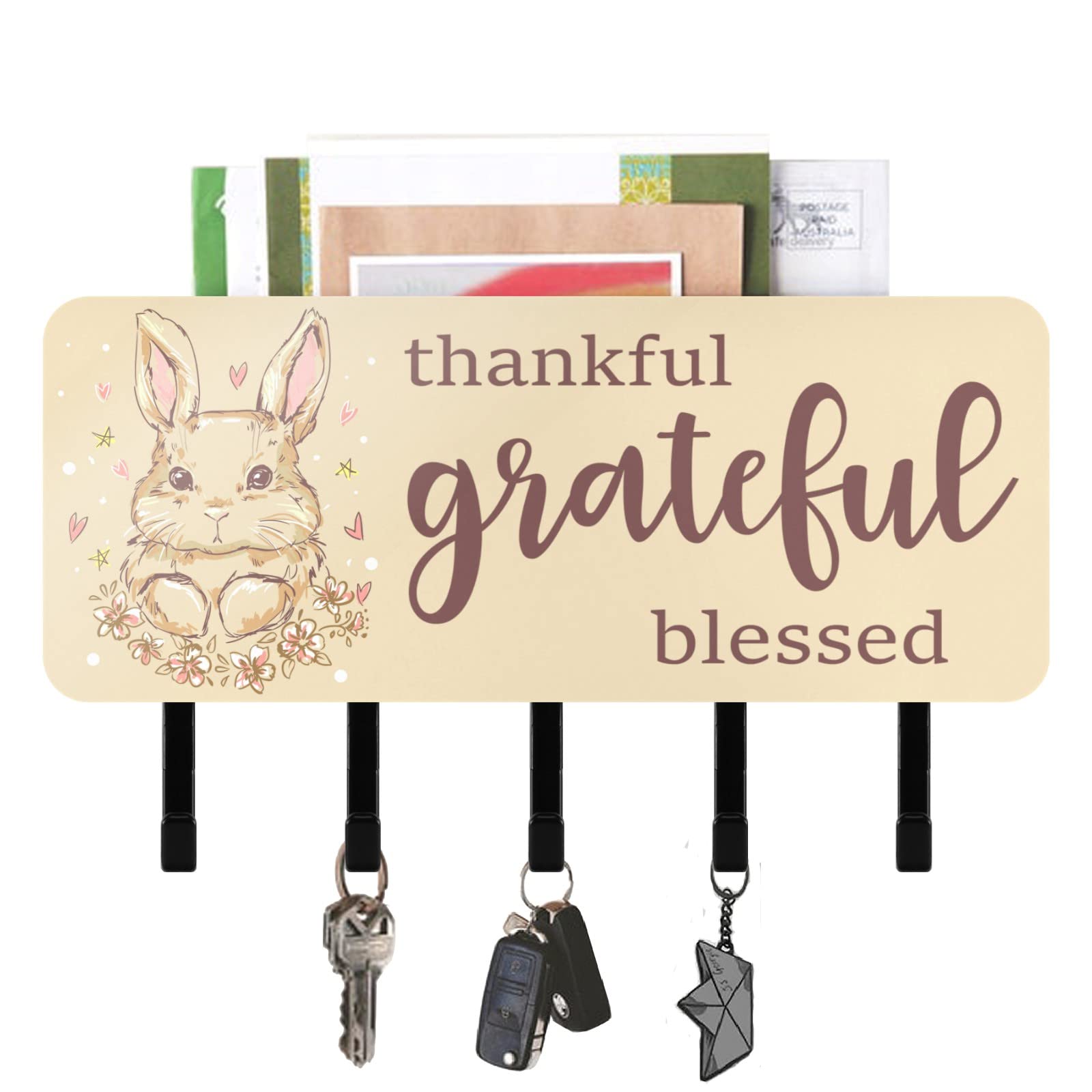 Cute Bunny Rabbit Wall Key Holder with 5 Hooks - Key Rack Organizer & Mail Holder for Entryway, Kitchen, Farmhouse, Mudroom, Hallway, Office - Perfect for Home Organization and Wall Decor