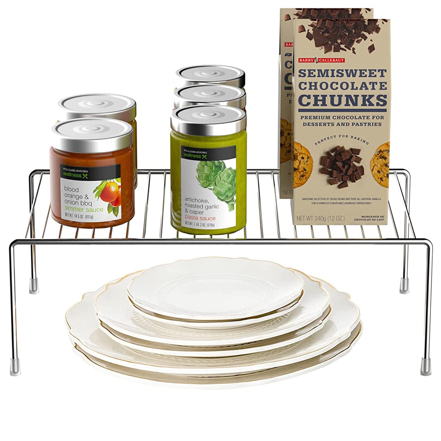 6-Pack Chrome Metal Wire Kitchen Cabinet Shelf Organizer, 13 x 9.4 Inch Pantry Storage Shelves for Dishes, Plates, Spices - Perfect for Cabinets, Freezers, Countertops & Cupboards - Space-Saving Home Organization Solution