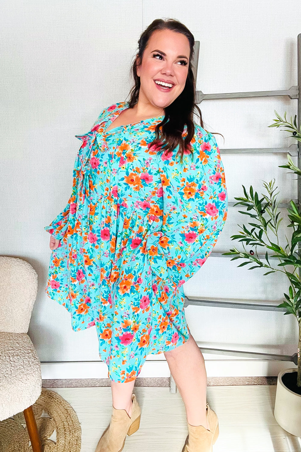 Feeling Femme Aqua Floral Ribbon Bow Tie Babydoll Dress - Elegant Summer Party Outfit for Women, Perfect for Weddings, Date Nights & Beach Vacations