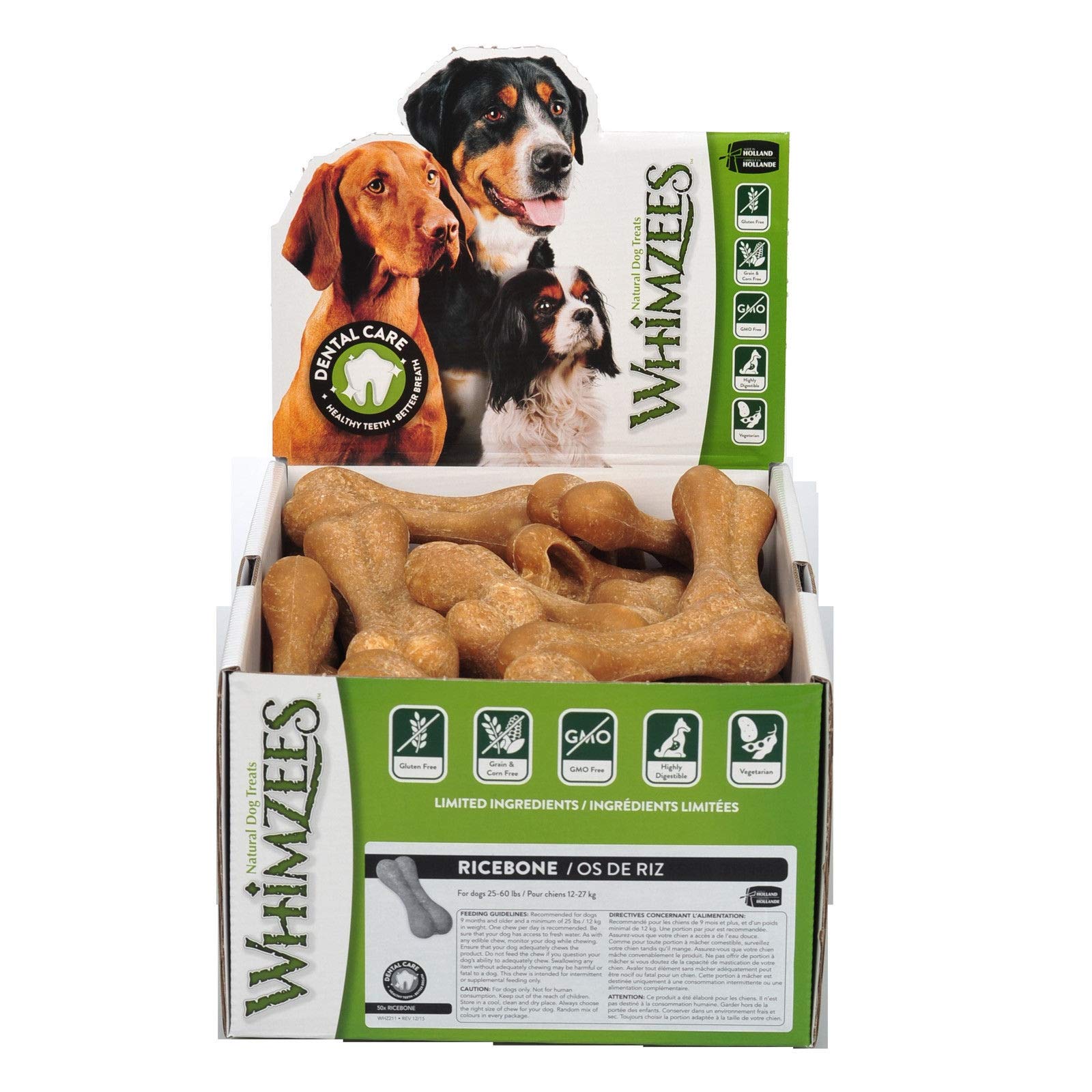 Whimzees Natural Grain-Free Rice Bone Dog Treats - 50 Count Box - Healthy Dental Chews for Small & Large Dogs - Perfect for Training, Teething & Oral Care
