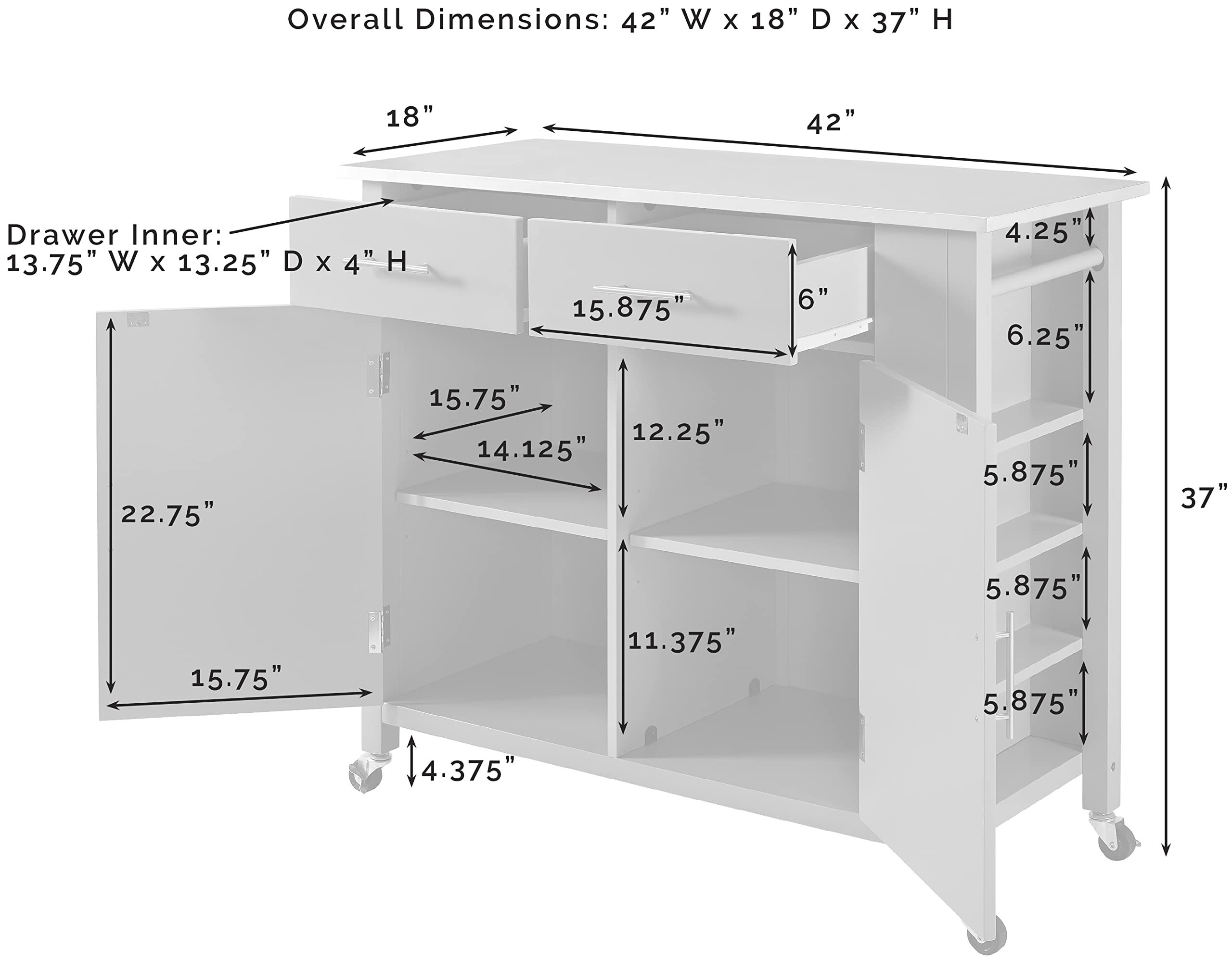 Crosley Savannah White Wood Top Drop Leaf Rolling Kitchen Island Cart with Spice Rack & Shelves - Perfect for Small Kitchens, Dining Rooms & Entertaining Spaces
