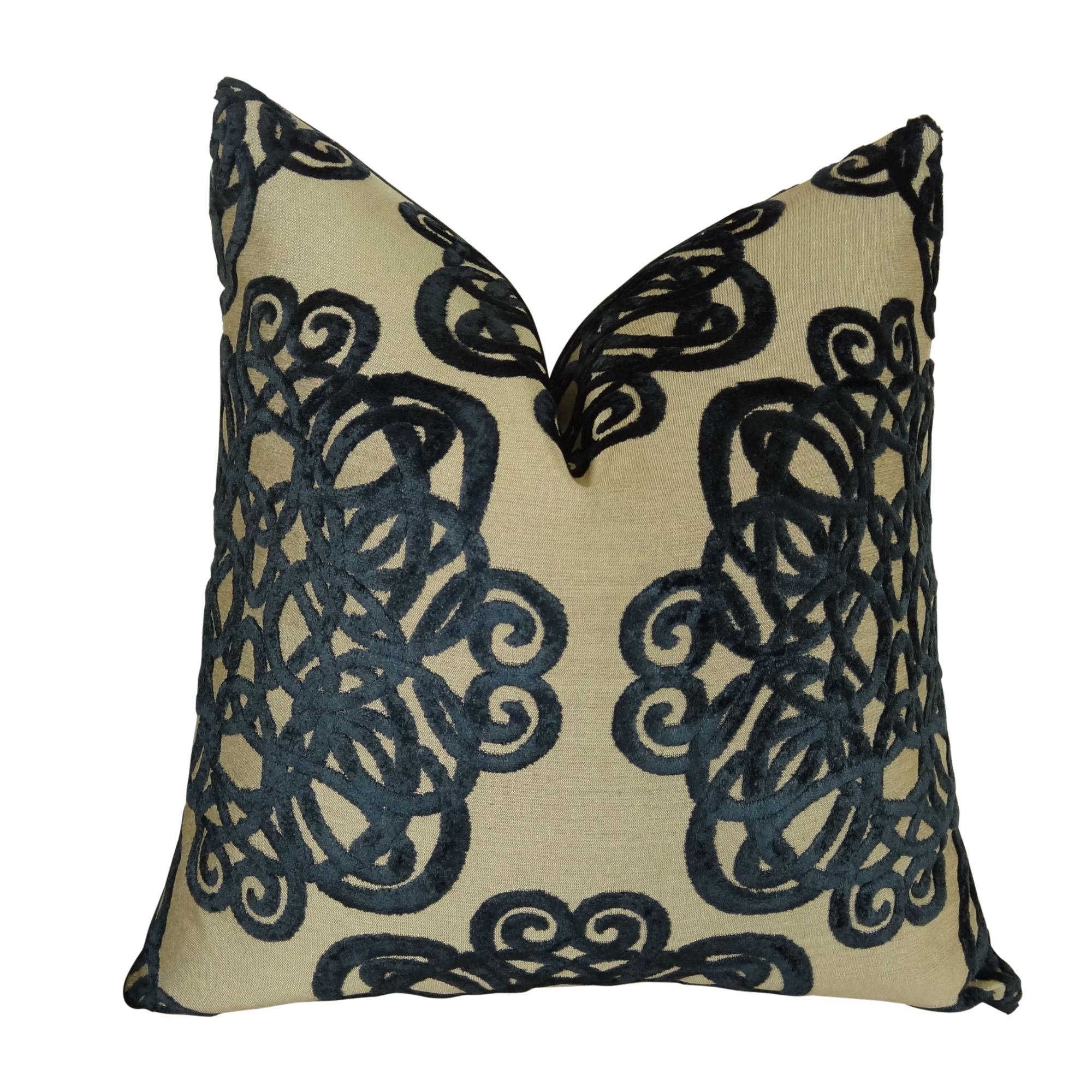 Luxury Navy Velvet Decorative Throw Pillow with Beige Scroll Pattern - Made in USA - Perfect for Sofa, Bed & Home Decor Accent