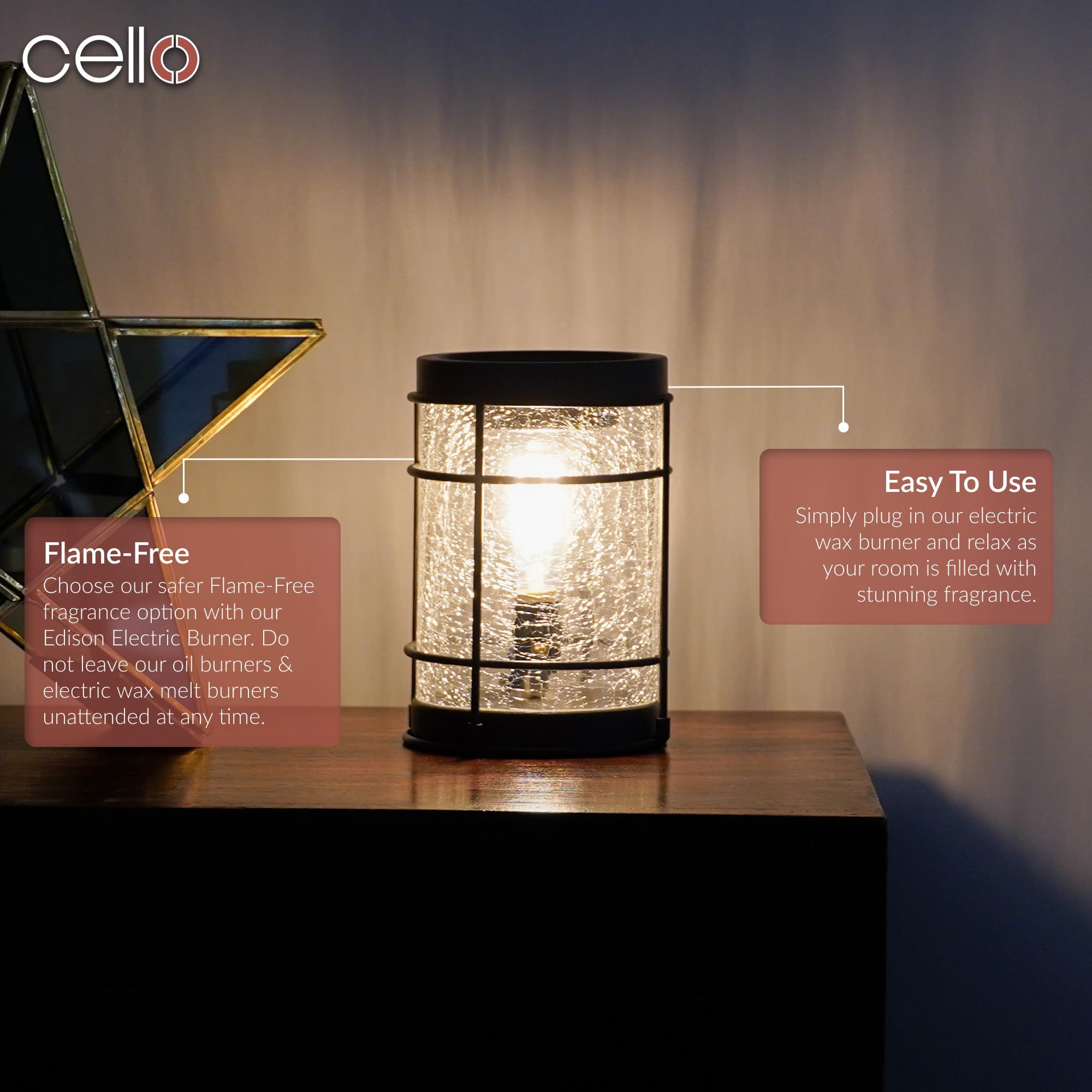 Cello Black Edison Crackle Electric Wax Warmer - Vintage Style Wax Melter for Home, Office & Spa - Aromatherapy Essential Oil Diffuser for Relaxation & Stress Relief