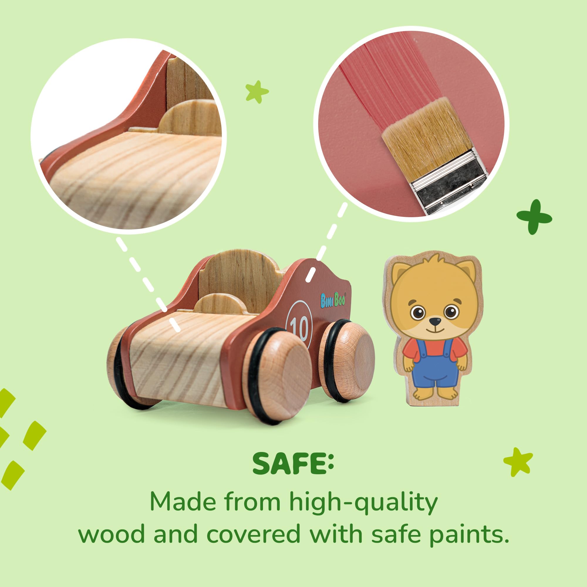 Bimi Boo Wooden Toy Car Set for Toddlers - 2-Piece Push & Go Race Cars with Chunky Playable Characters - Early Learning Grasping Toys for Boys & Girls - Perfect for Indoor Play, Birthday Gifts & Preschool Development