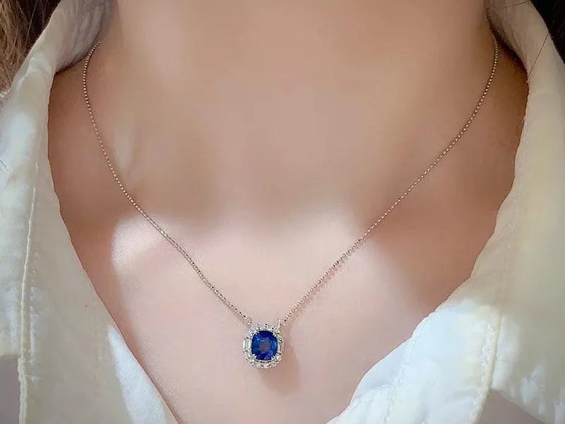 18K White Gold Natural Blue Sapphire Pendant Necklace - Shiny Gemstone Luxury Diamond Jewelry for Women - Perfect for Senior Banquet, Wedding & Special Occasions