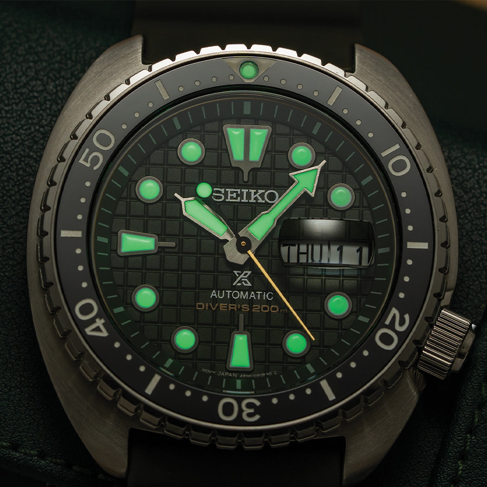 Seiko SRPE05 Prospex Automatic Diver Watch - 45mm Green Dial with Rubber Strap for Men | Waterproof Scuba Diving, Swimming & Outdoor Adventures