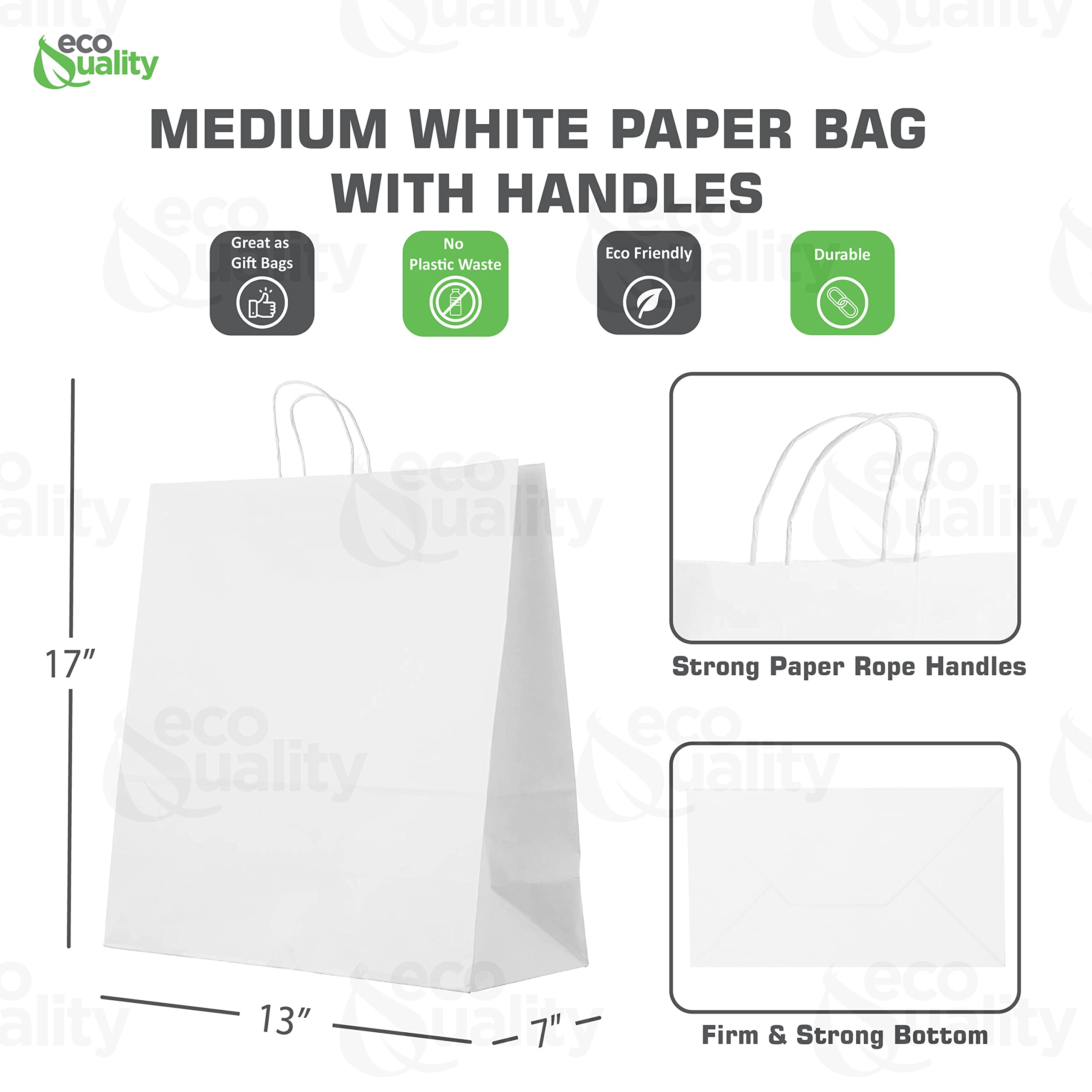 EcoQuality 13x7x17 Inches Large White Kraft Paper Bags with Handles - 250pcs - Strong Reusable Eco-Friendly Shopping Bags for Retail, Gift, Party, Grocery & Lunch - Perfect for Stores, Weddings, Events & Sustainable Packaging