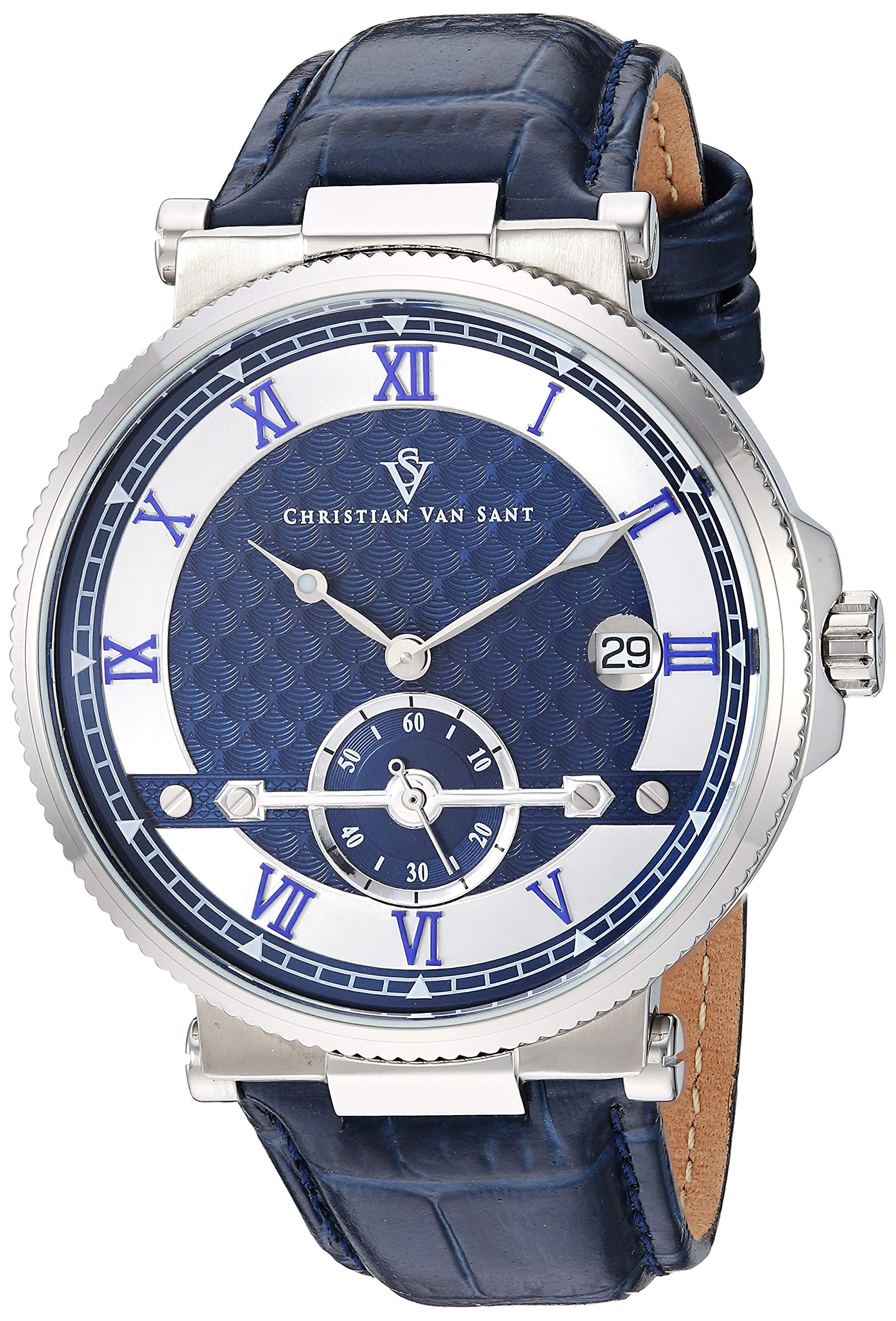 Christian Van Sant Men's Clepsydra Stainless Steel Analog Quartz Watch with Leather Strap - Blue Dial, 24mm Casual Timepiece (Model CV1700) | Perfect for Everyday Wear, Office & Outdoor Activities