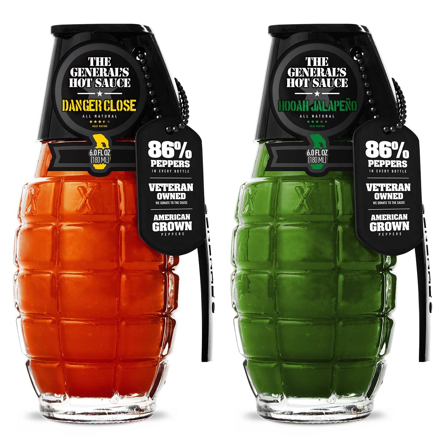 The General's Hot Sauce 2-Pack - Danger Close Extreme Heat & Hooah Jalapeno Pepper Sauce - Perfect for Wings, Tacos, Burgers and Spicy Food Lovers
