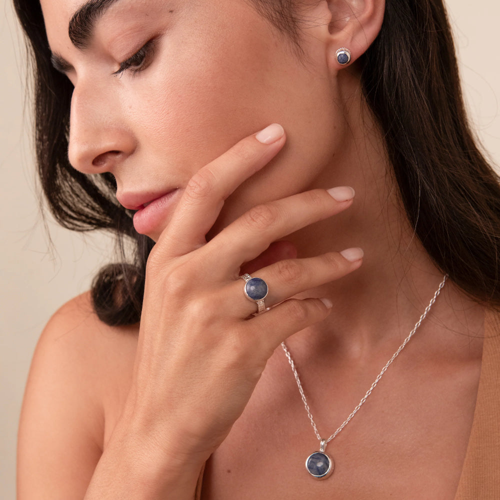 Anna Beck Dumortierite Round Pendant Necklace - Sterling Silver Healing Crystal Jewelry for Women - Perfect for Meditation, Yoga & Spiritual Gifts