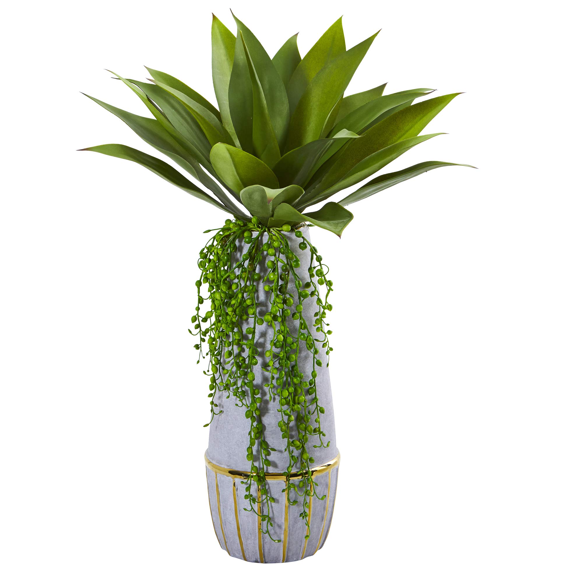 Nearly Natural 15 Inch Agave Succulent Artificial Plant in Stoneware Planter - Realistic Silk Green Succulents for Home Decor, Office Desk, or Indoor Garden Centerpiece