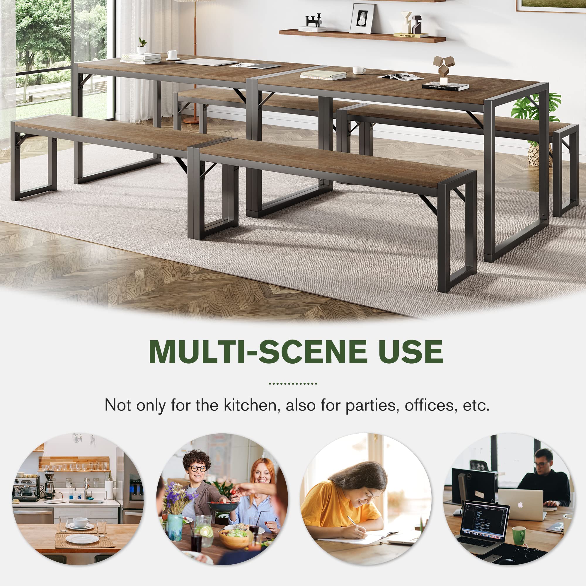 IMUsee 47.2 Inch 3-Piece Dining Table Set for 4 with Benches - Heavy Duty Metal Frame, Space Saving Kitchen Dinette Set with Wood Tabletop & Gray Legs - Perfect for Small Apartments, Breakfast Nooks and Cozy Dining Areas