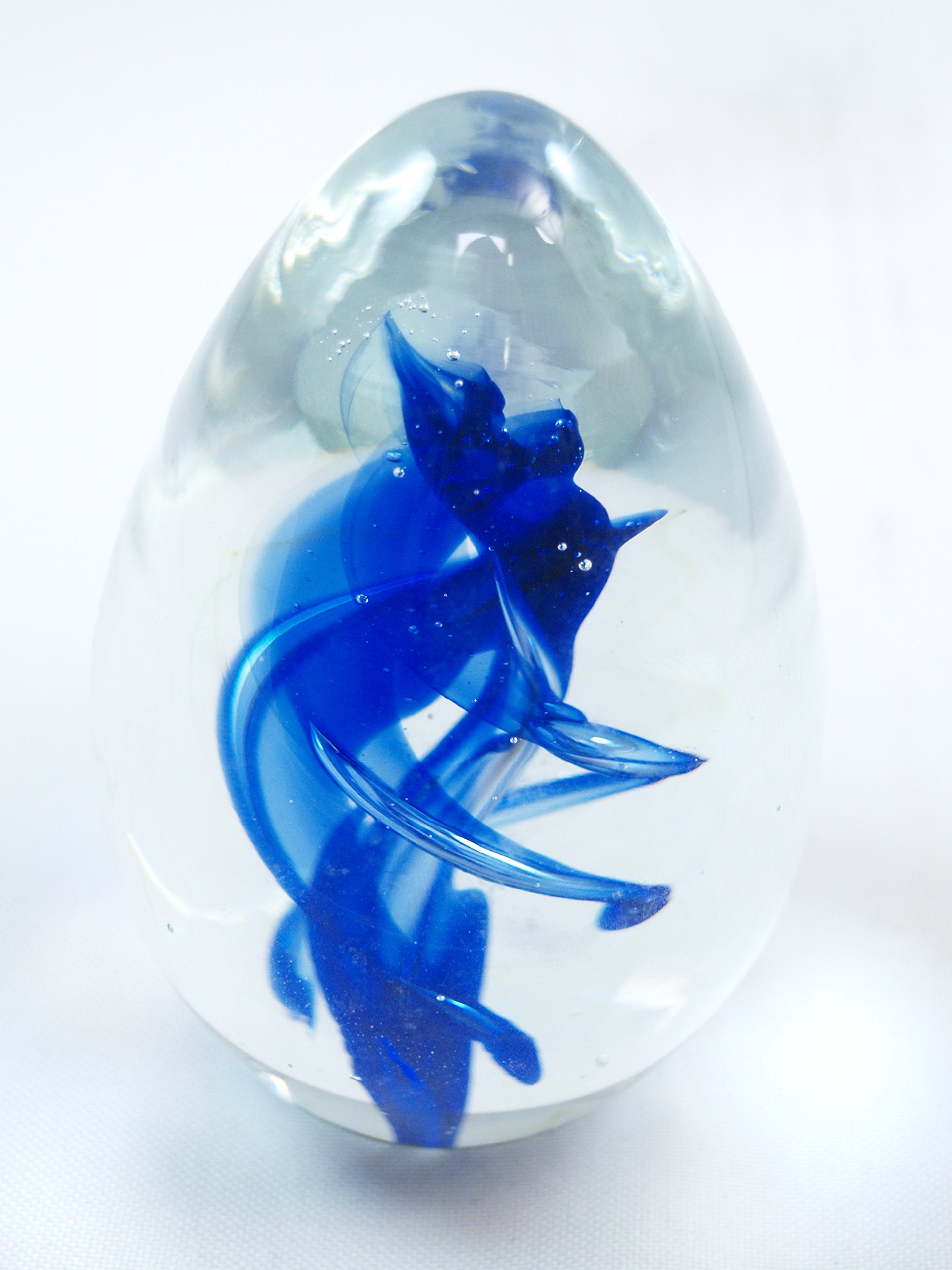 Abstract Blue Spiral Stairway Floating in Clear Egg Paperweight - Handcrafted Glass Art Decor for Office Desk, Home Display & Gift Giving