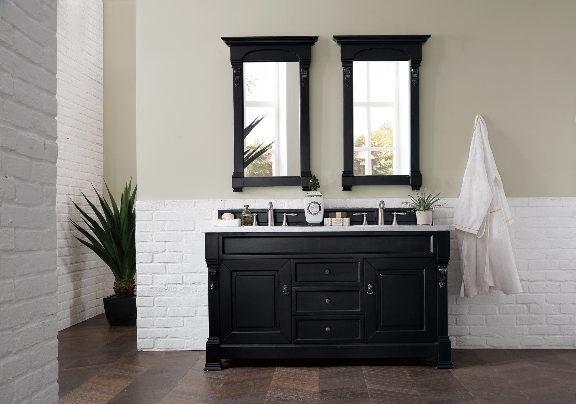 Brookfield 60 Inch Double Sink Bathroom Vanity in Antique Black with 3CM Carrara Marble Top - Perfect for Master Bathroom Remodeling and Modern Home Decor