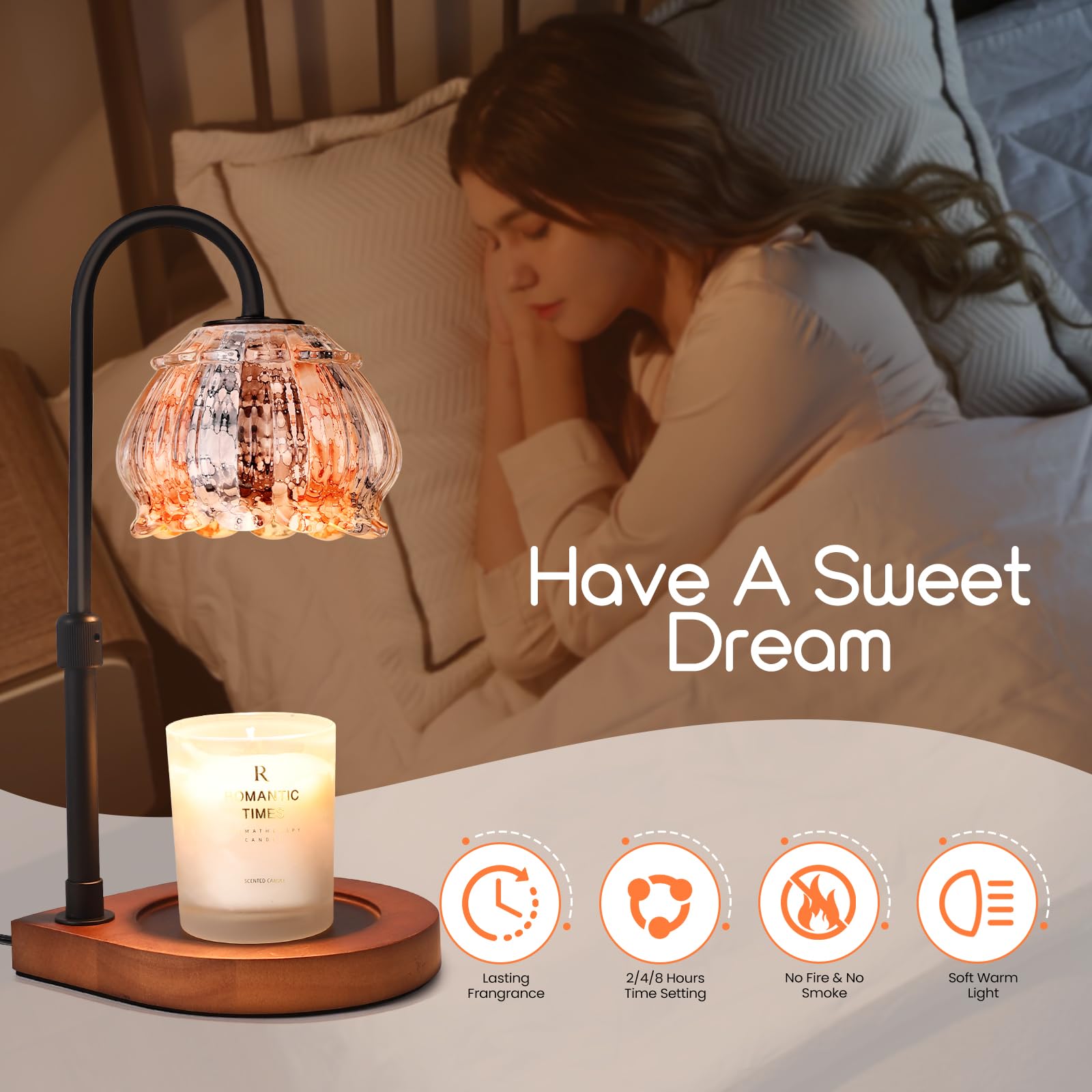 Adjustable Height Dimmable Candle Warmer Lamp with Timer - Electric Jar Candle Warming Light Holder for Home Decor, White-Orange - Perfect for Living Room, Bedroom, Office & Gift for Women