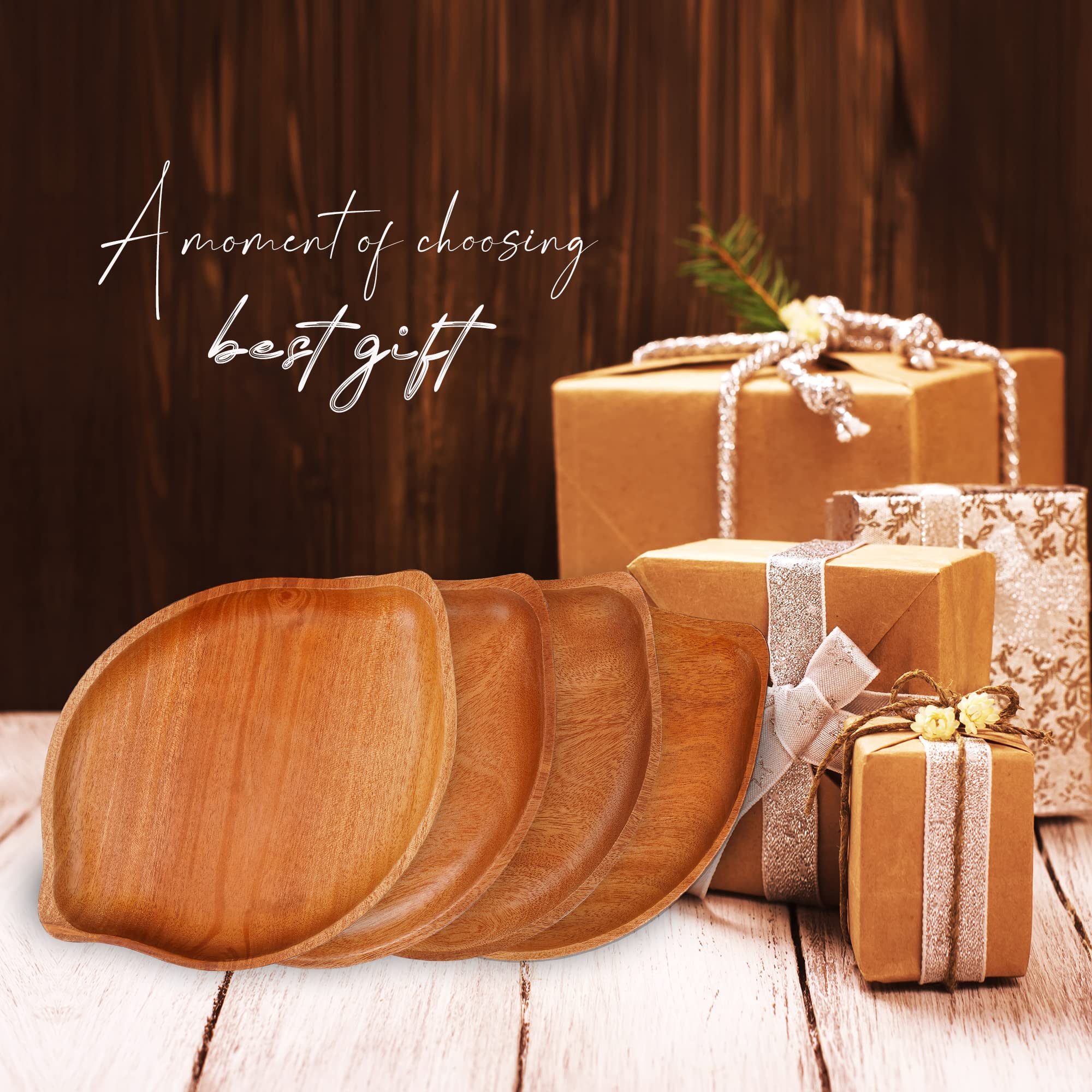 Premium Unbreakable Leaf-Shaped Wooden Plates Set of 4 - Khaya Wood Appetizer & Dessert Plates (9.4