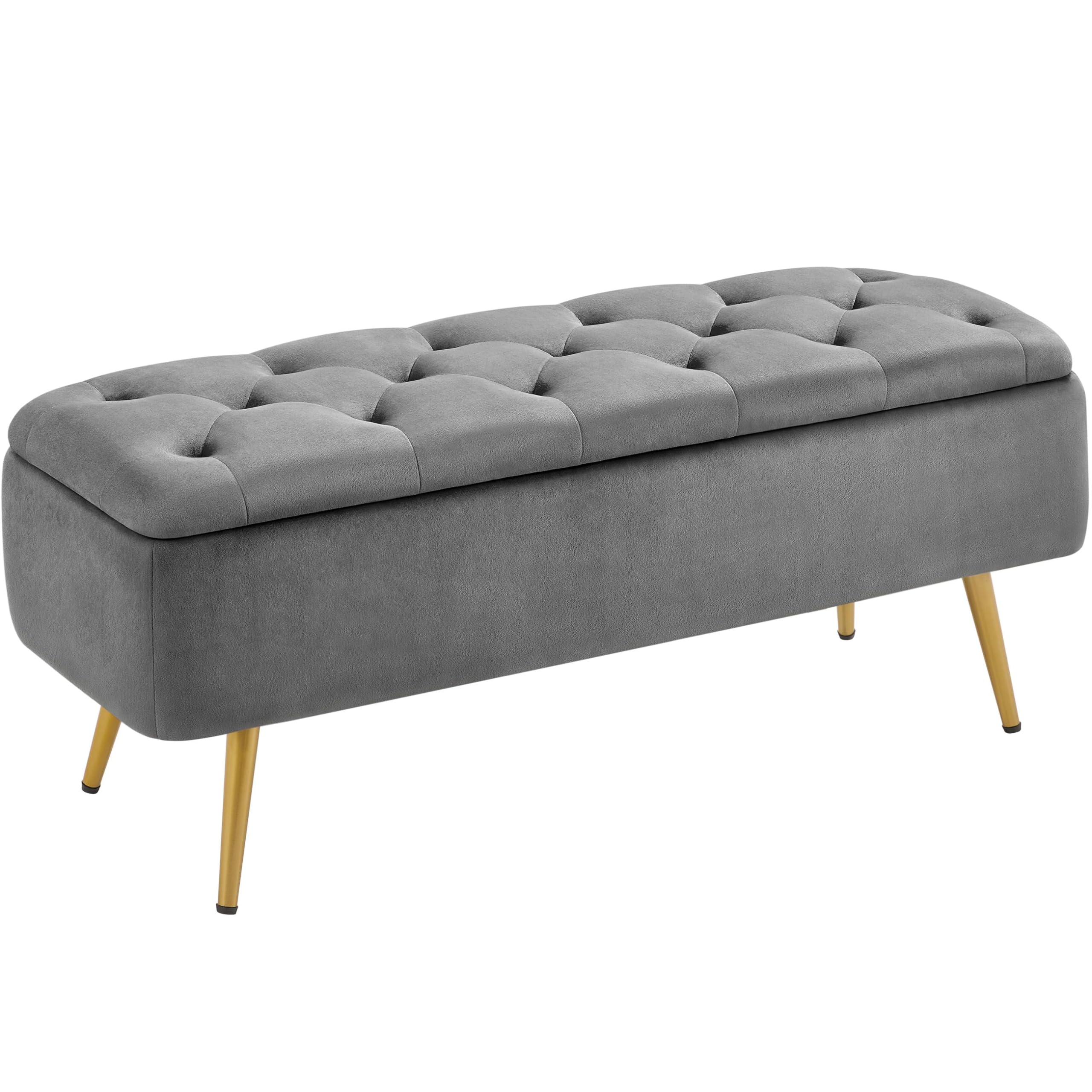Yaheetech 42 Inch Foldable Velvet Storage Ottoman Bench - Gray Foot Stool for Living Room, Bedroom, Entryway | Perfect for Extra Seating & Hidden Storage